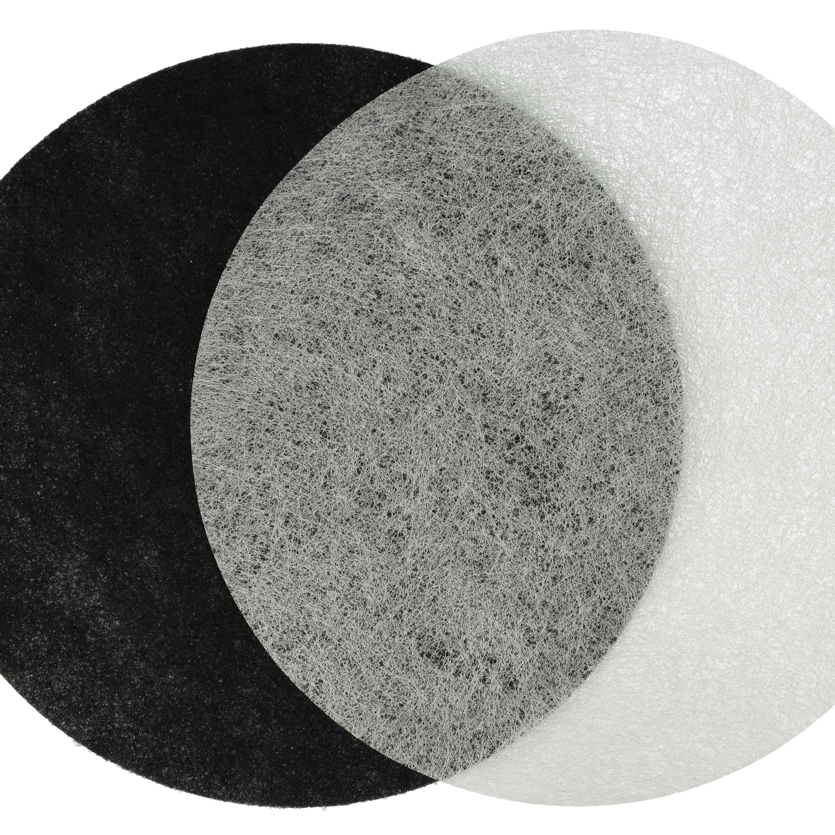 Drei überlappende kreisförmige Filter: schwarz, grau und weiß. Jeder hat eine andere Textur, mit unterschiedlicher Faserdichte.