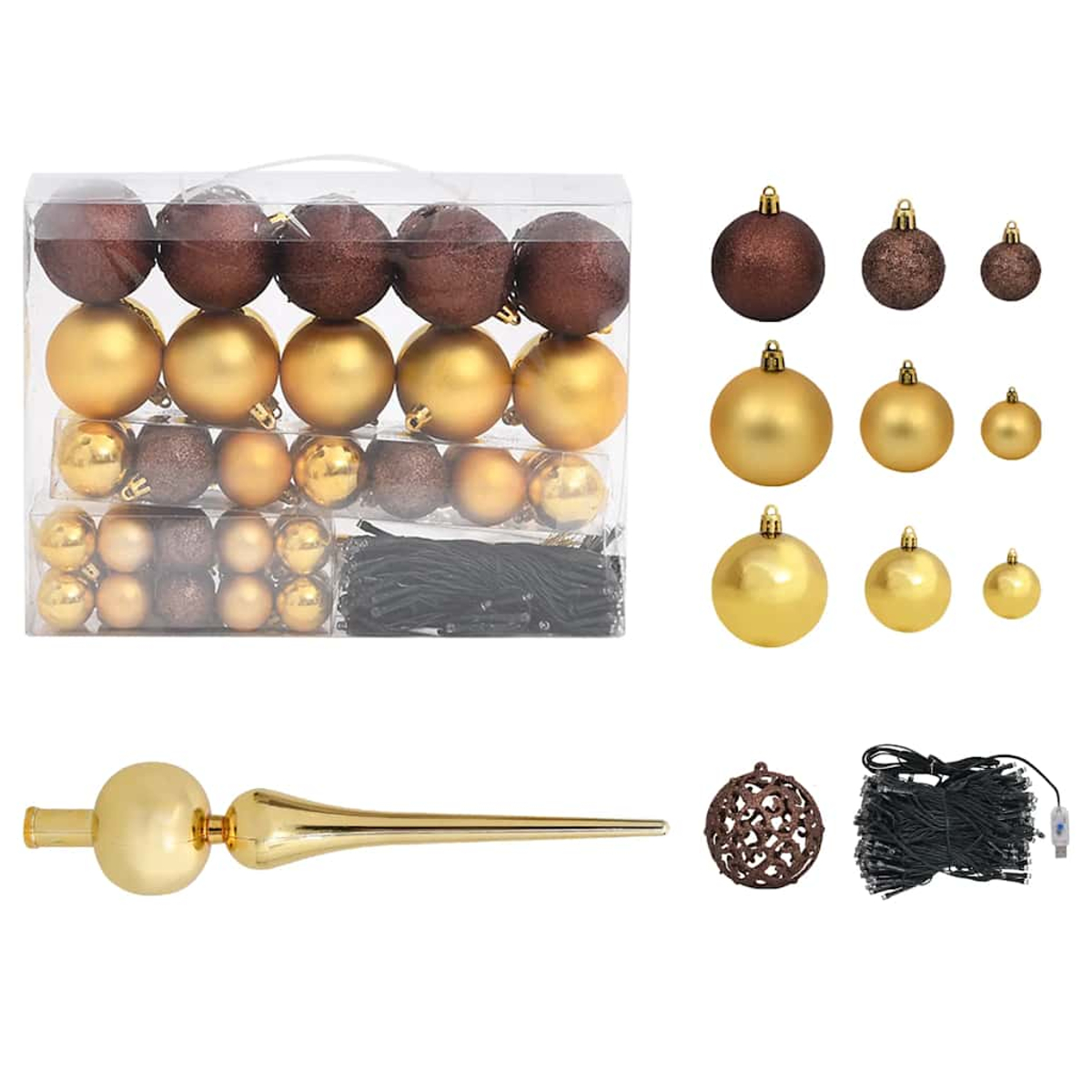 Weihnachtsschmuck-Set in einer Box, einschließlich goldener, brauner Kugeln, einer Baumspitze, einem dekorativen Ball und Lichterketten.