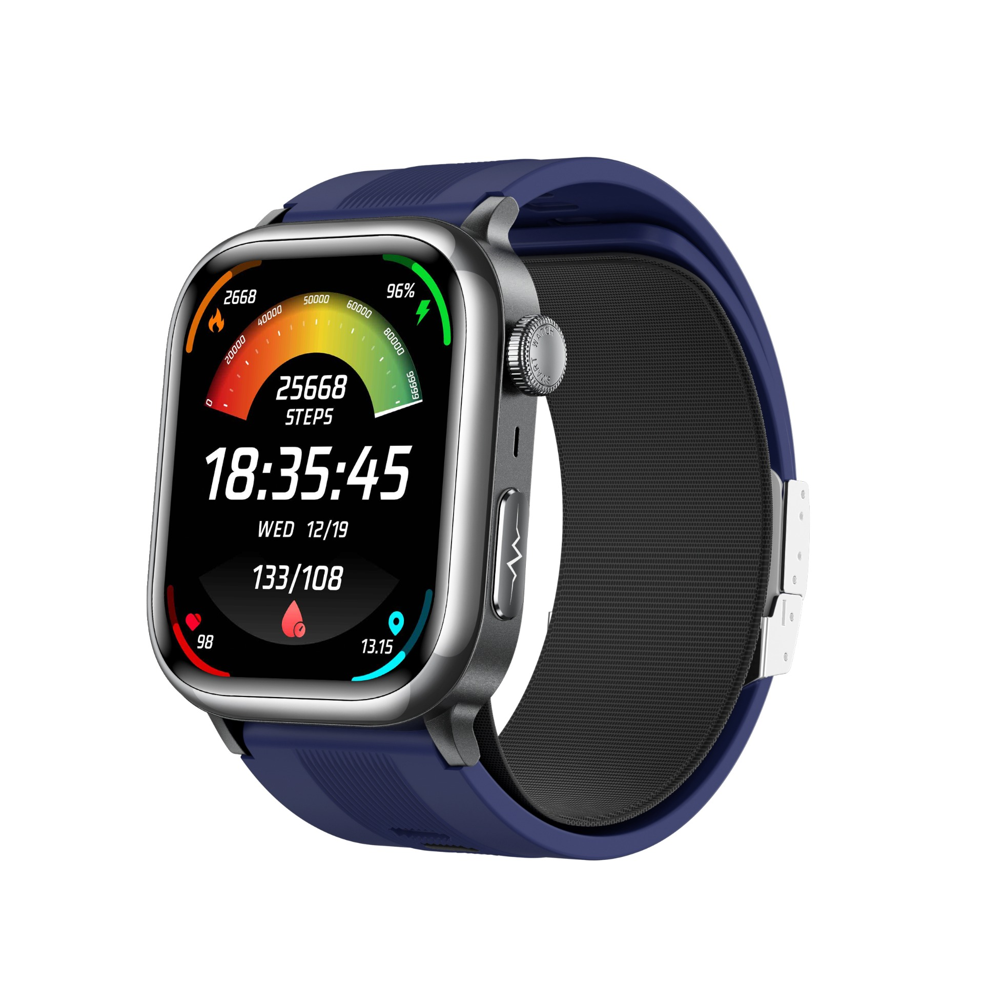 Eine Smartwatch mit blauem Armband zeigt Zeit, Schritte und Gesundheitsdaten vor weißem Hintergrund.