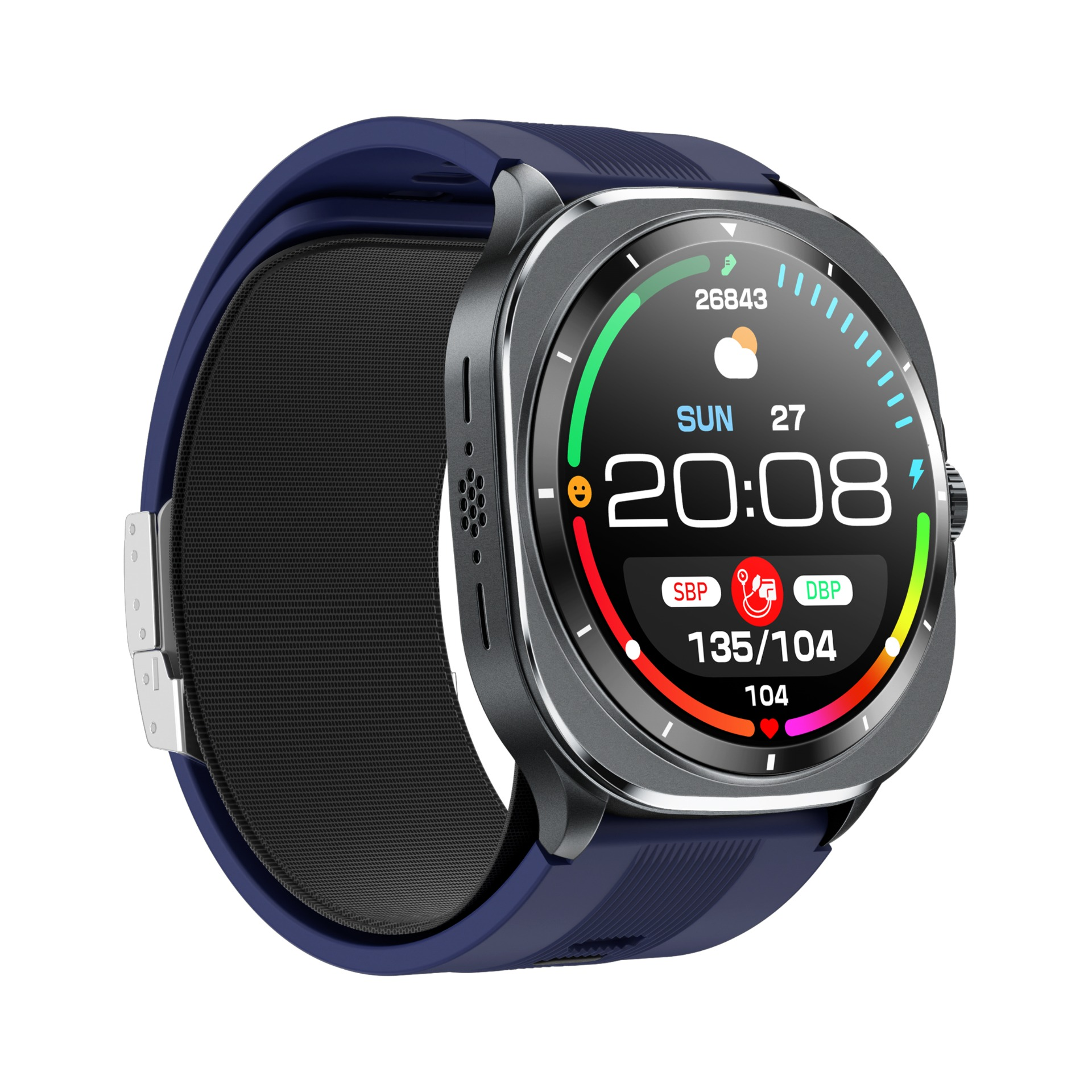 Smartwatch z niebieskim paskiem wyświetla czas, datę oraz dane zdrowotne, jak ciśnienie i tętno.