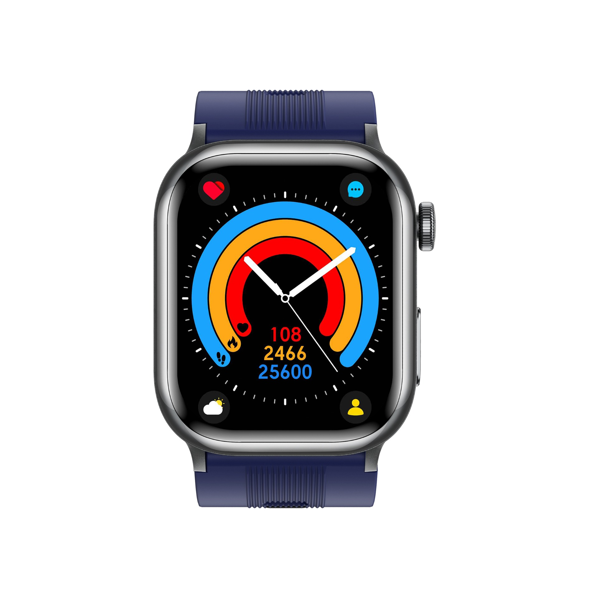 Eine Smartwatch mit blauem Armband zeigt Gesundheitsdaten an: Herzfrequenz, Schritte und Aktivitätsringe in Rot, Orange und Blau.