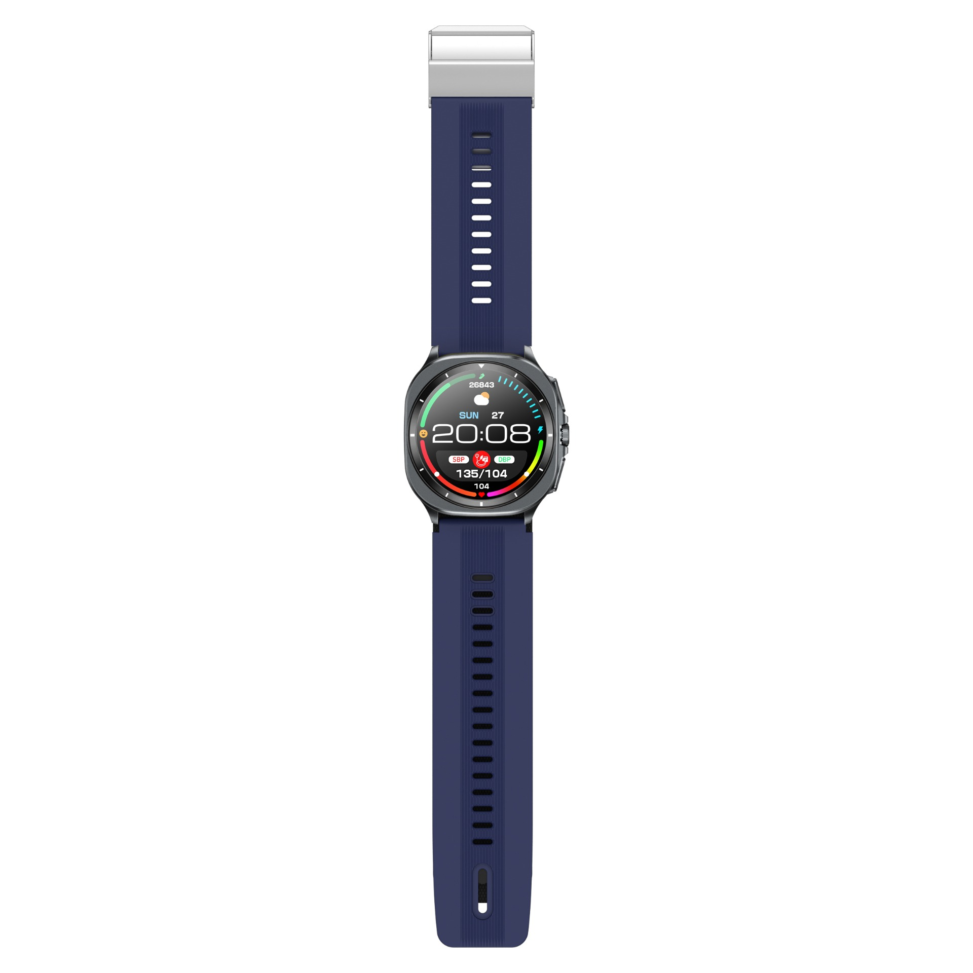 Smartwatch z niebieskim paskiem pokazuje czas i dane zdrowotne. Ekran wyświetla godzinę, datę i wskaźniki zdrowia.