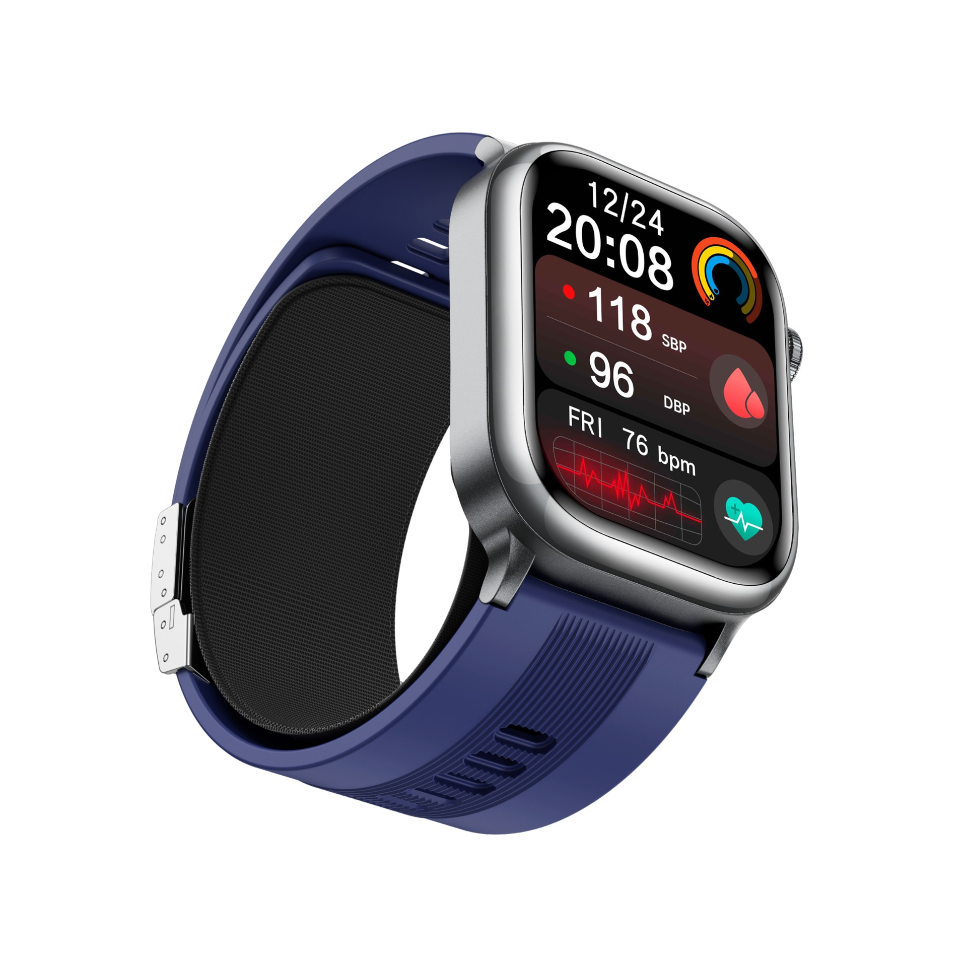 Eine blaue Smartwatch zeigt Zeit, Vitalfunktionen und ein Herzfrequenzdiagramm. Die Uhr hat einen silbernen Rahmen und ein schwarzes Armband.