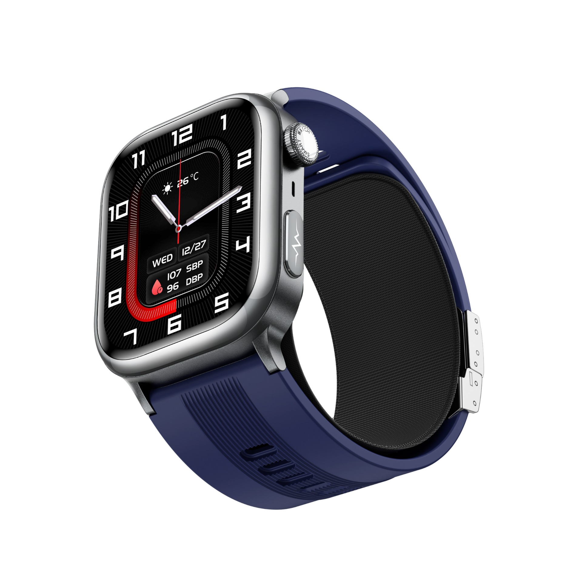 Eine silberne Smartwatch mit blauem Armband. Das Zifferblatt zeigt Zeit, Datum und Gesundheitsdaten. Der Hintergrund ist weiß.