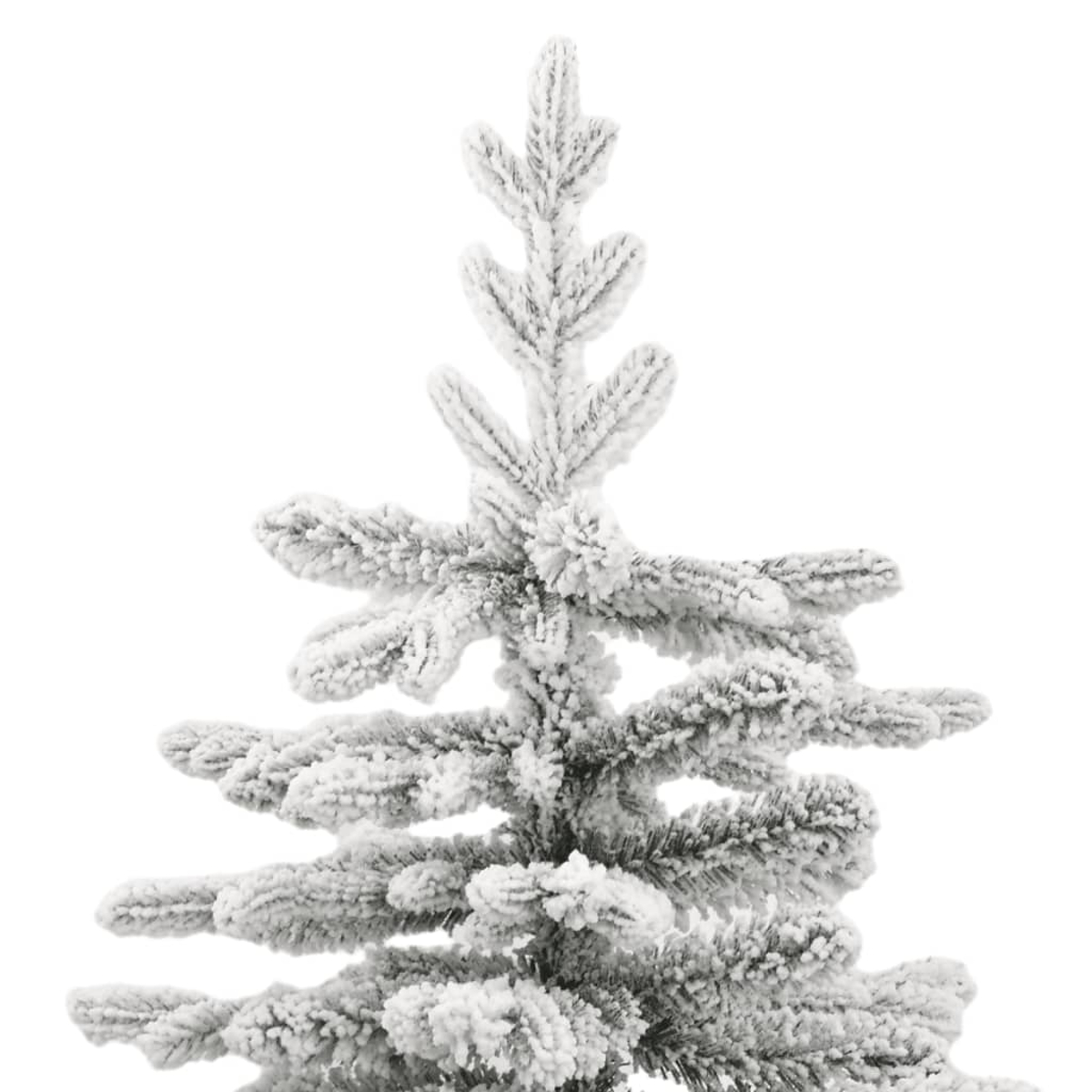 Ein kleiner, schneebedeckter Weihnachtsbaum steht vor weißem Hintergrund. Die Äste sind mit einer weißen, schneebedeckten Textur bedeckt.