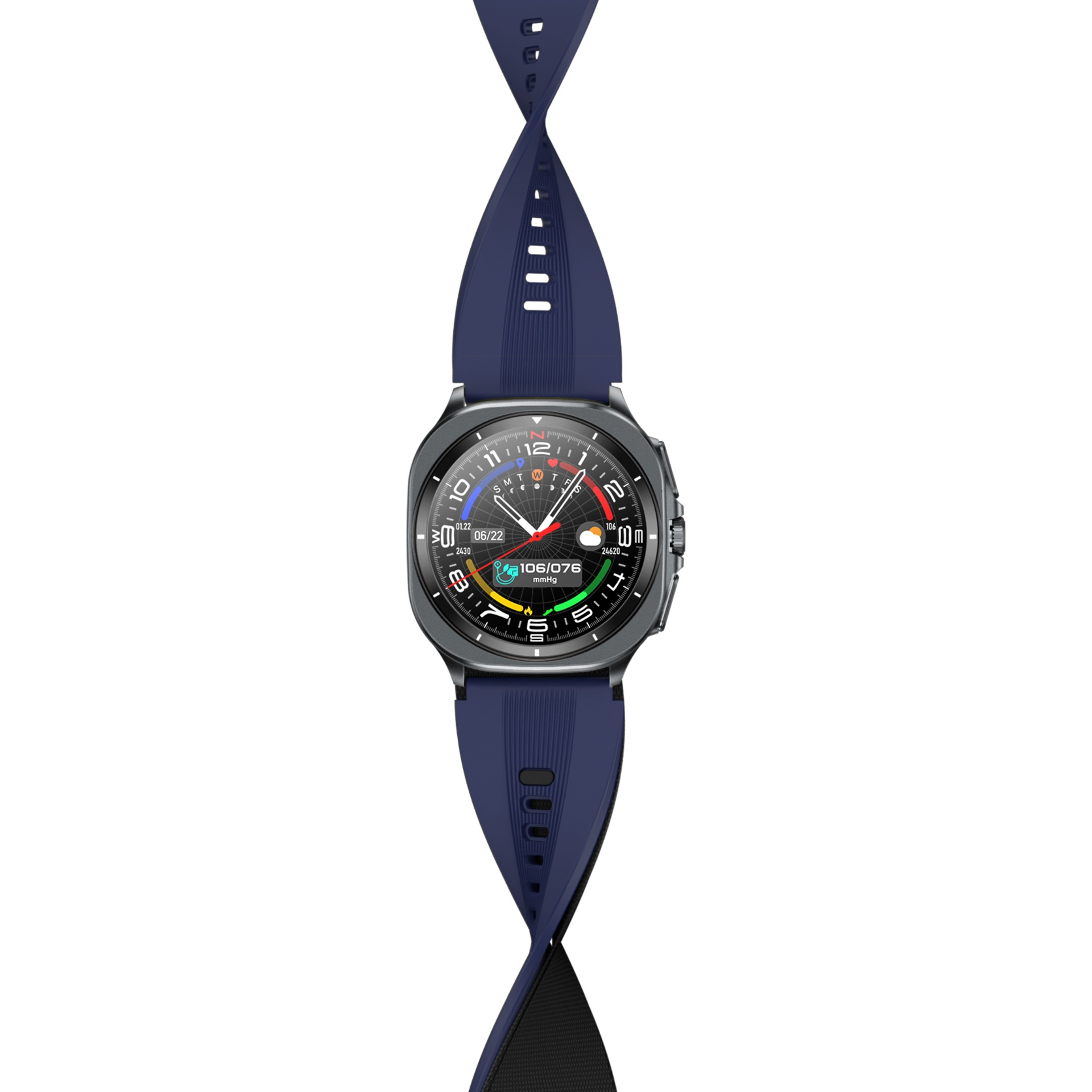 Smartwatch z ciemnoszarą obudową i niebieskim paskiem na białym tle. Zegarek wyświetla informacje.