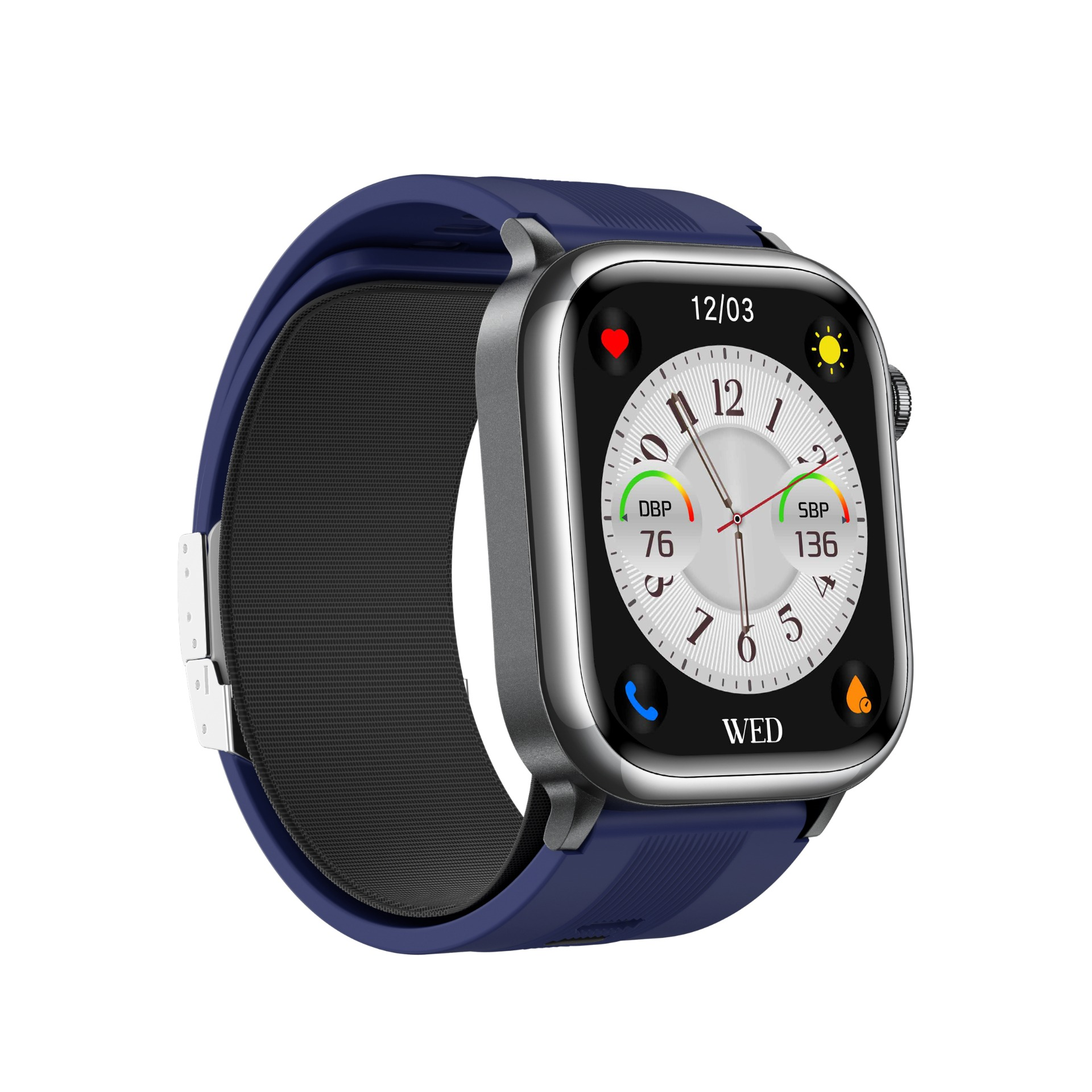 Eine Smartwatch mit blauem Armband und schwarzem Bildschirm. Der Bildschirm zeigt Datum, Uhrzeit und Gesundheitsdaten.