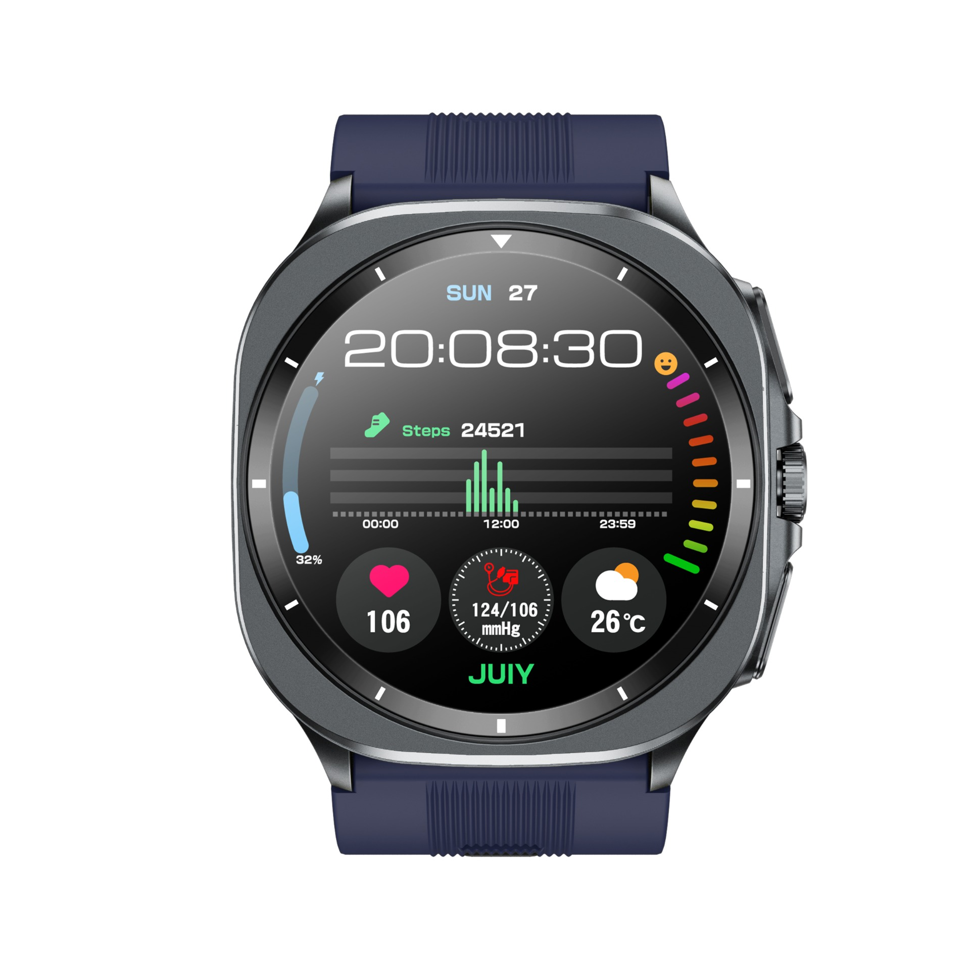 Smartwatch wyświetlający godzinę, datę, kroki, tętno, ciśnienie krwi i pogodę. Ma ciemnoszarą obudowę i niebieski pasek.