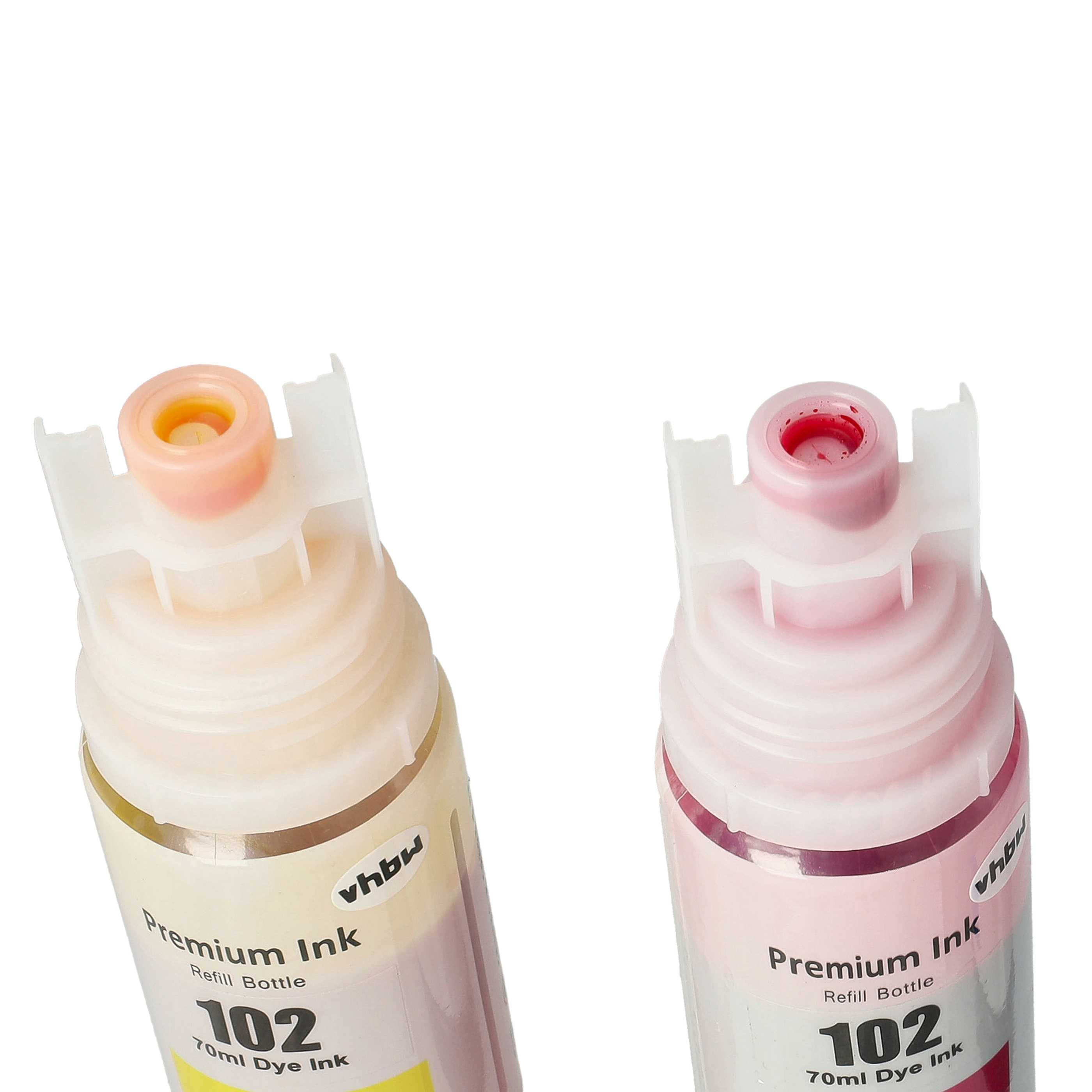 Zwei Tintenflaschen zum Nachfüllen. Eine ist hellgelb, die andere rosa. Beide haben weiße Deckel und Text: Premium Ink 102 70ml Dye Ink.