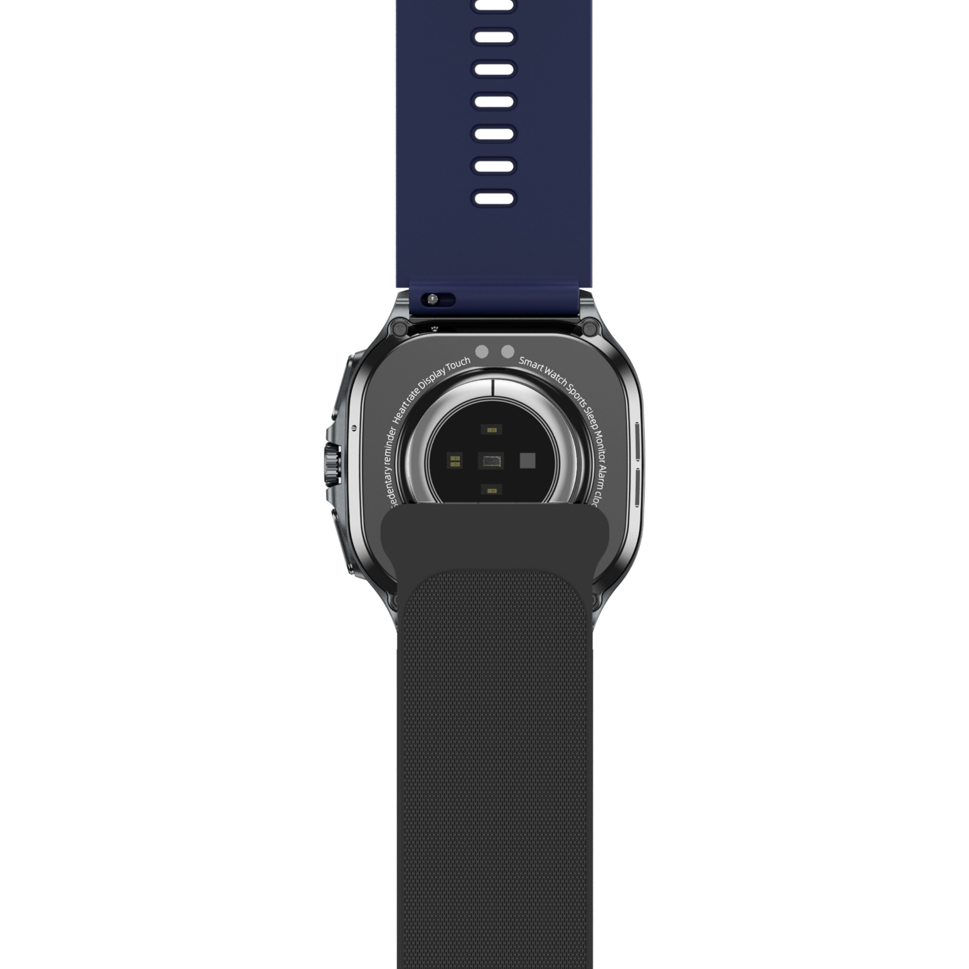 Czarny smartwatch z granatowym paskiem. Zegarek ma czarny ekran i czujniki z tyłu.