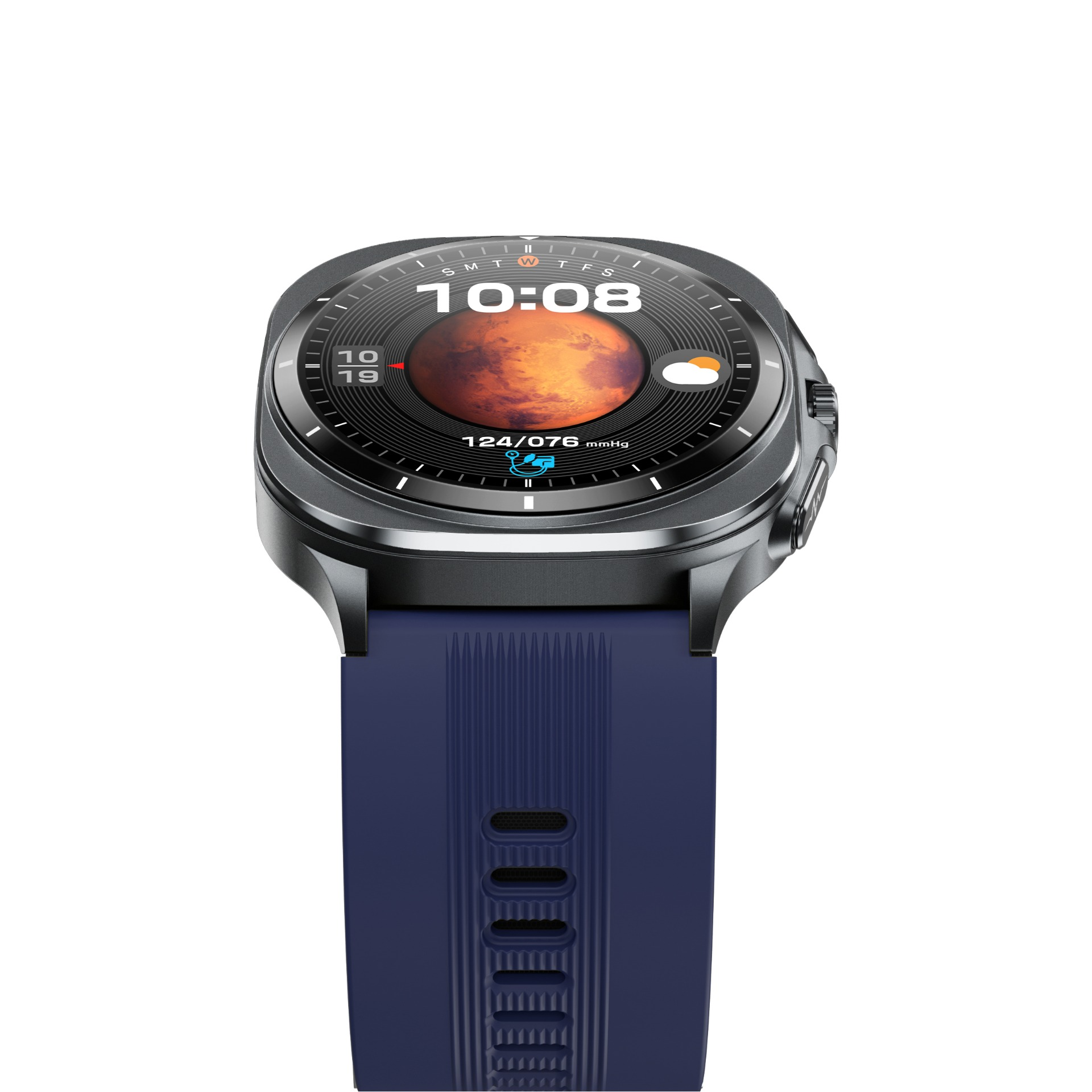 Smartwatch z niebieskim paskiem wyświetla godzinę, datę i pogodę. Zegarek ma czarną ramkę i okrągły ekran.