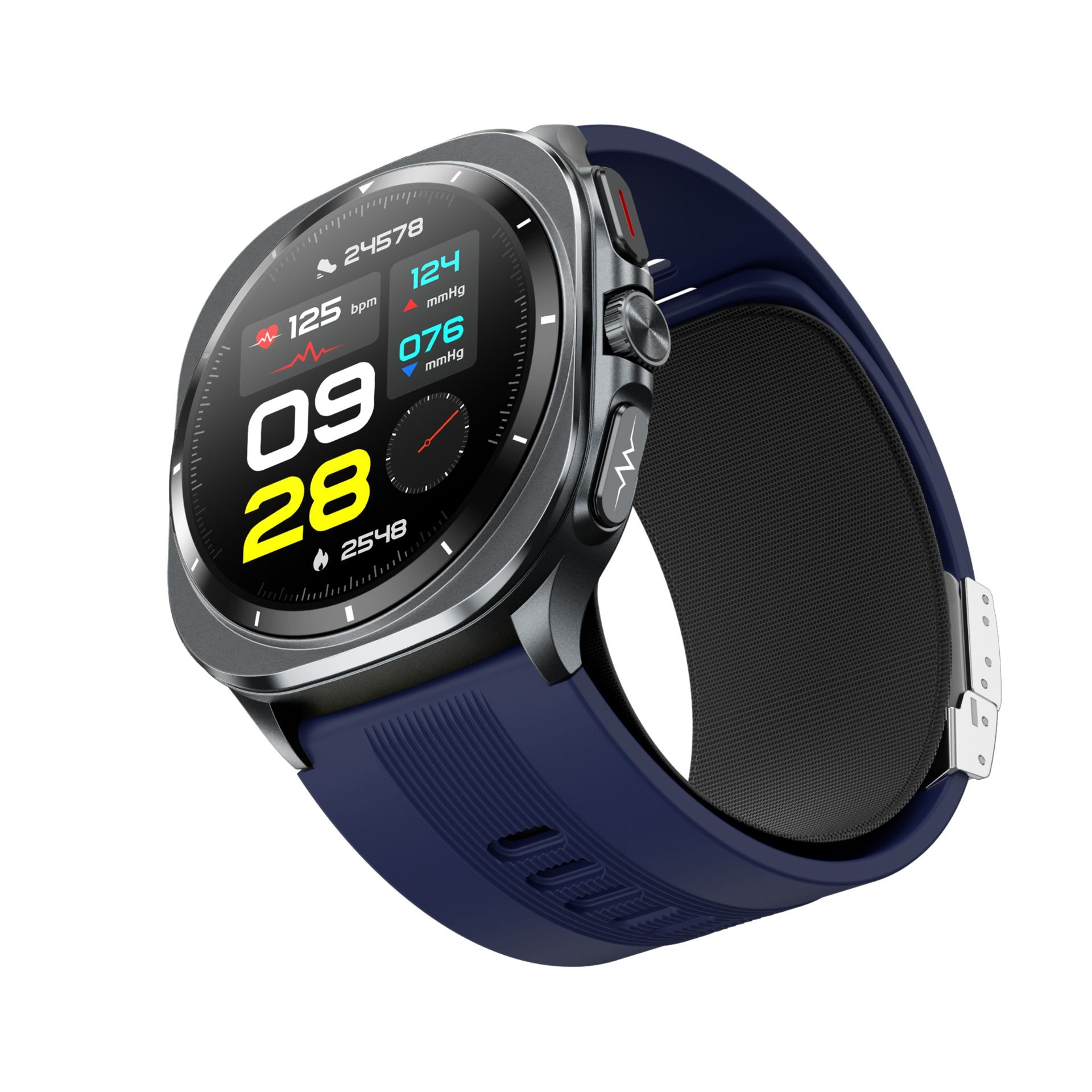 Smartwatch z ciemnoszarą ramką i granatowym paskiem. Tarcza zegarka wyświetla dane w kolorze białym i żółtym na czarnym tle.