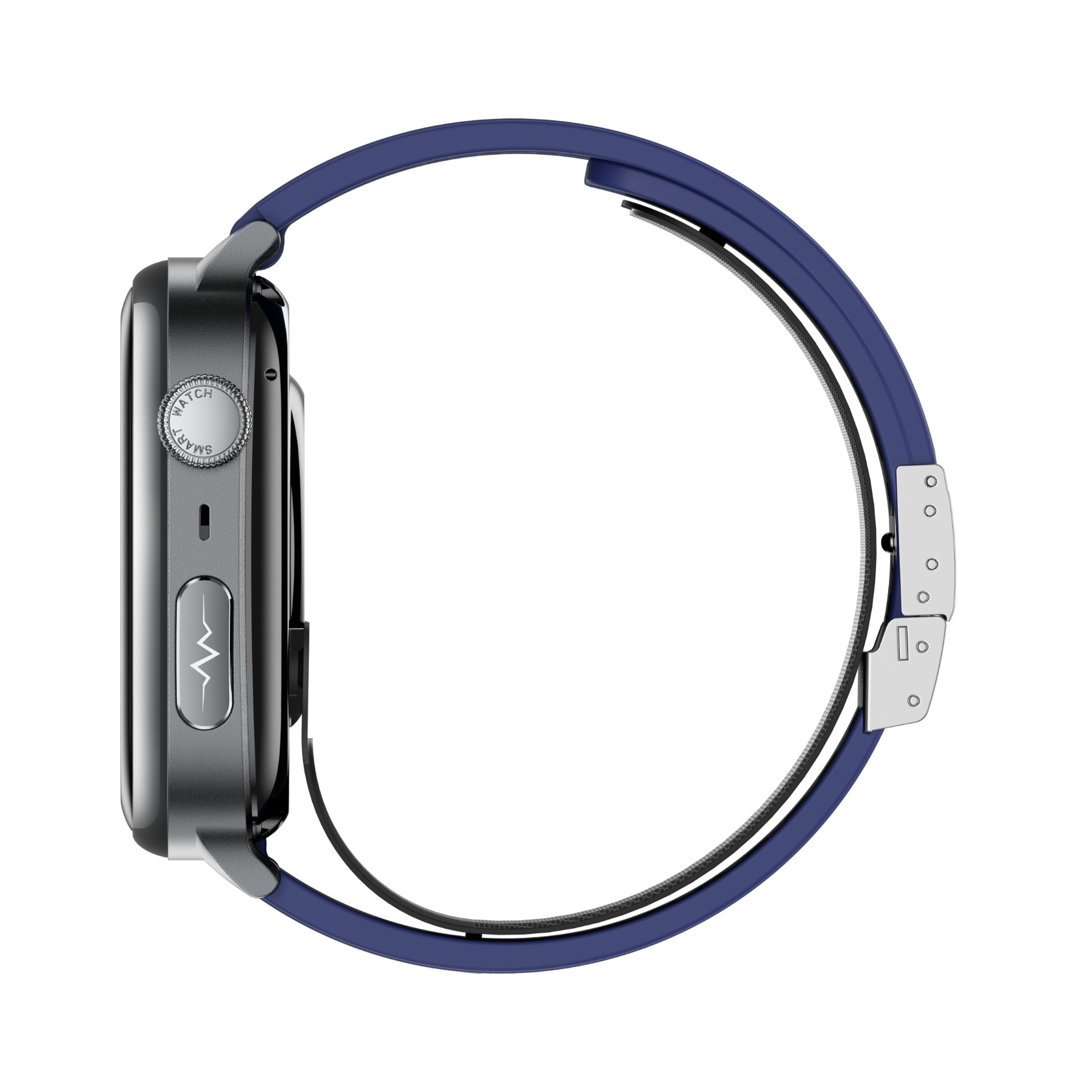 Seitenansicht einer Smartwatch. Sie hat ein dunkelgraues Gehäuse, ein blaues Armband und eine silberne Schließe. Weißer Hintergrund.