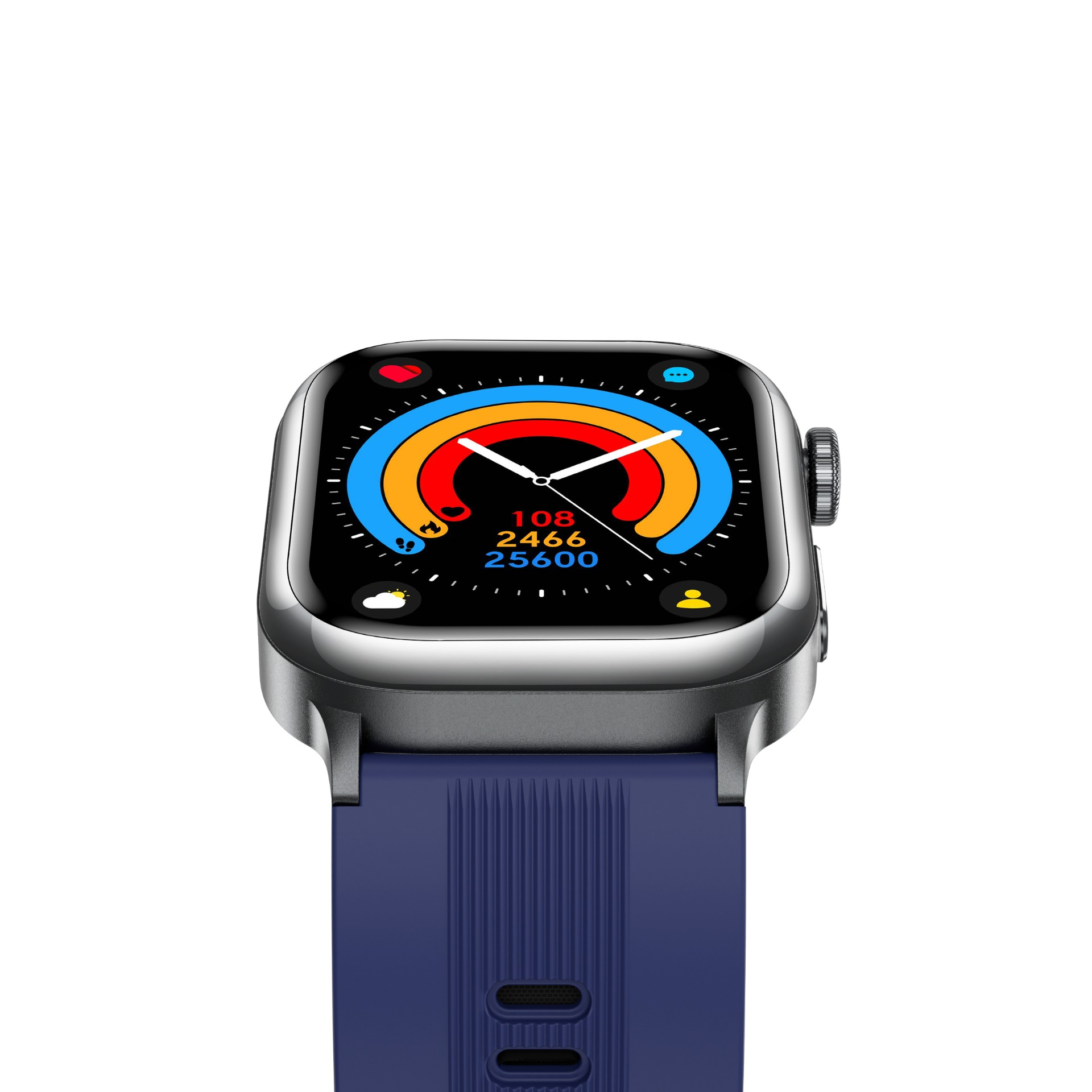 Eine Smartwatch mit blauem Armband zeigt Aktivitätsringe und Gesundheitsmetriken auf schwarzem Bildschirm.
