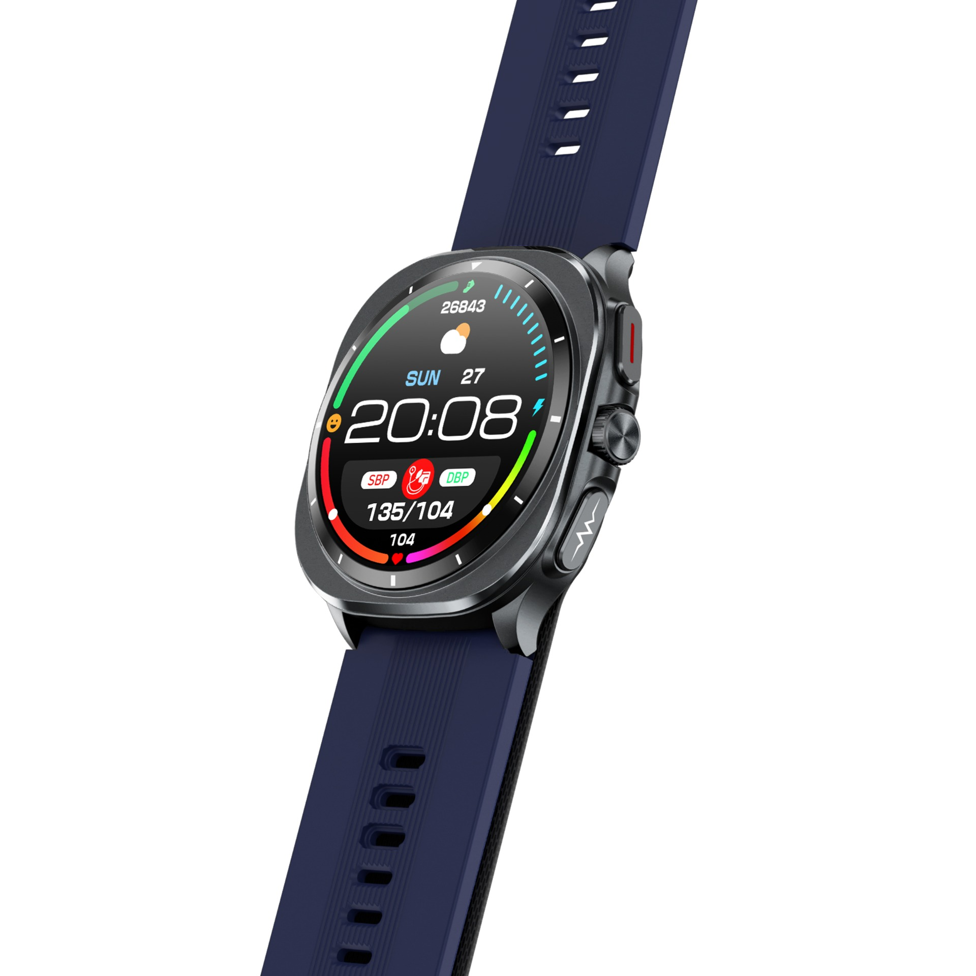Smartwatch z ciemnoniebieskim paskiem wyświetla czas, datę i dane zdrowotne. Tarcza jest czarna z kolorowymi danymi.