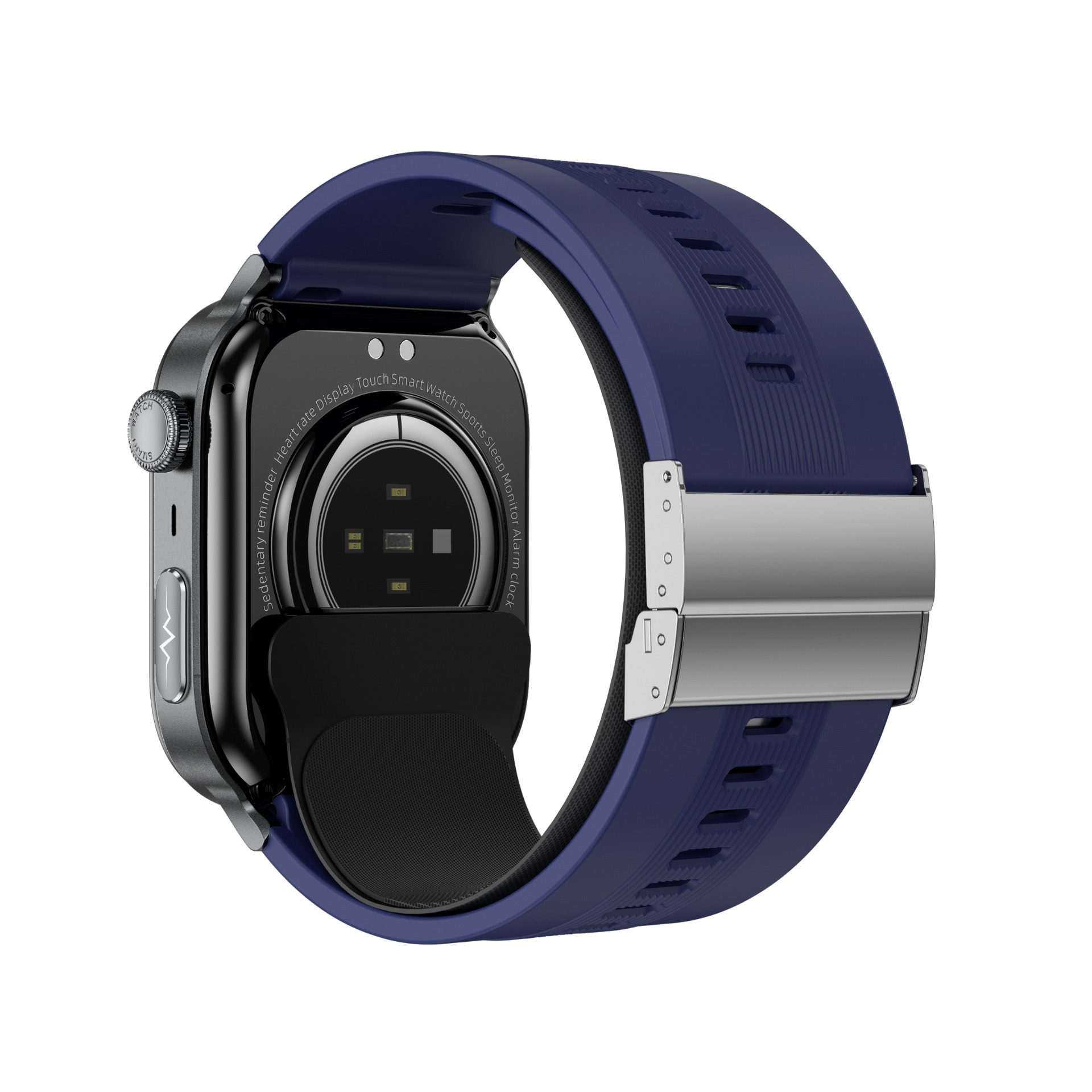 Eine schwarze Smartwatch mit blauem Armband. Die Uhr hat einen schwarzen Bildschirm und ein silbernes Metallgehäuse.