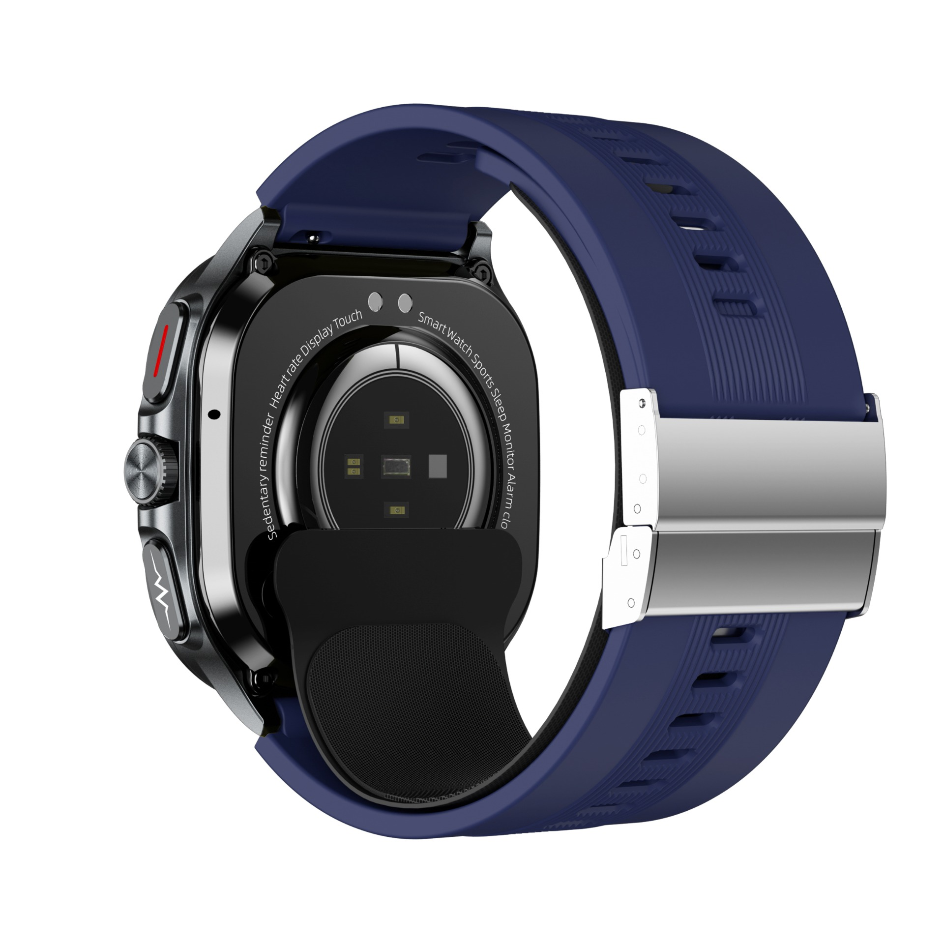 Smartwatch z niebieskim paskiem. Zegarek ma czarny ekran i srebrne zapięcie. Tył zegarka jest czarny.
