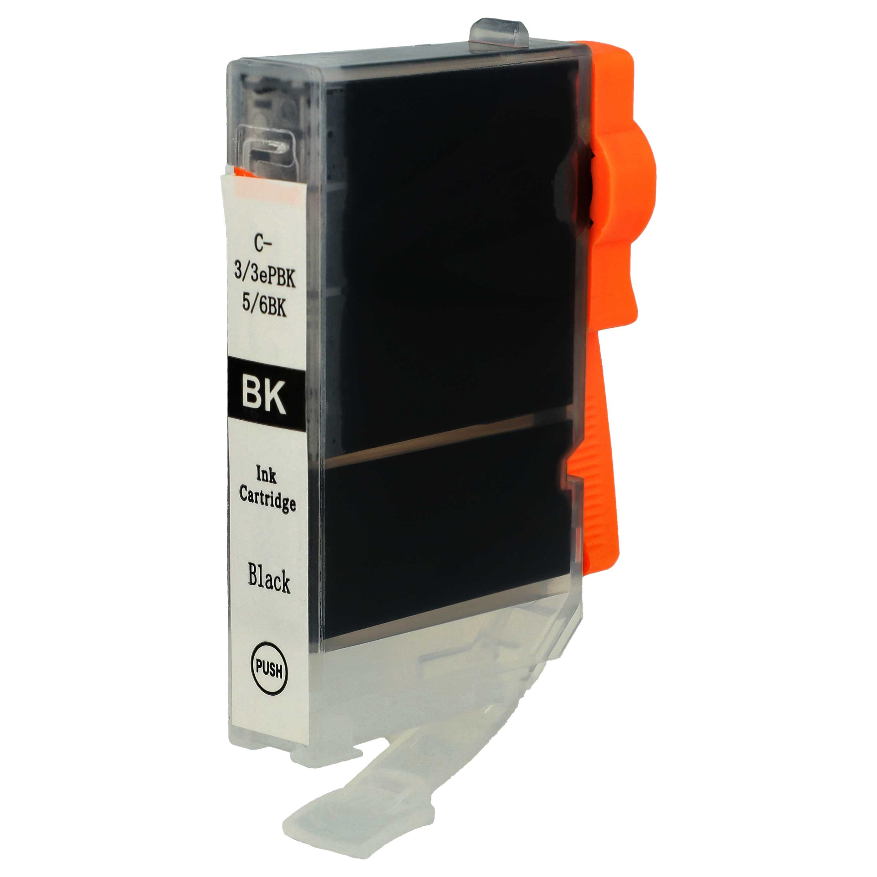 Eine Tintenpatrone mit schwarzer Tinte und einem orangefarbenen Griff. Die Patrone ist mit 'BK' und 'Black' beschriftet.