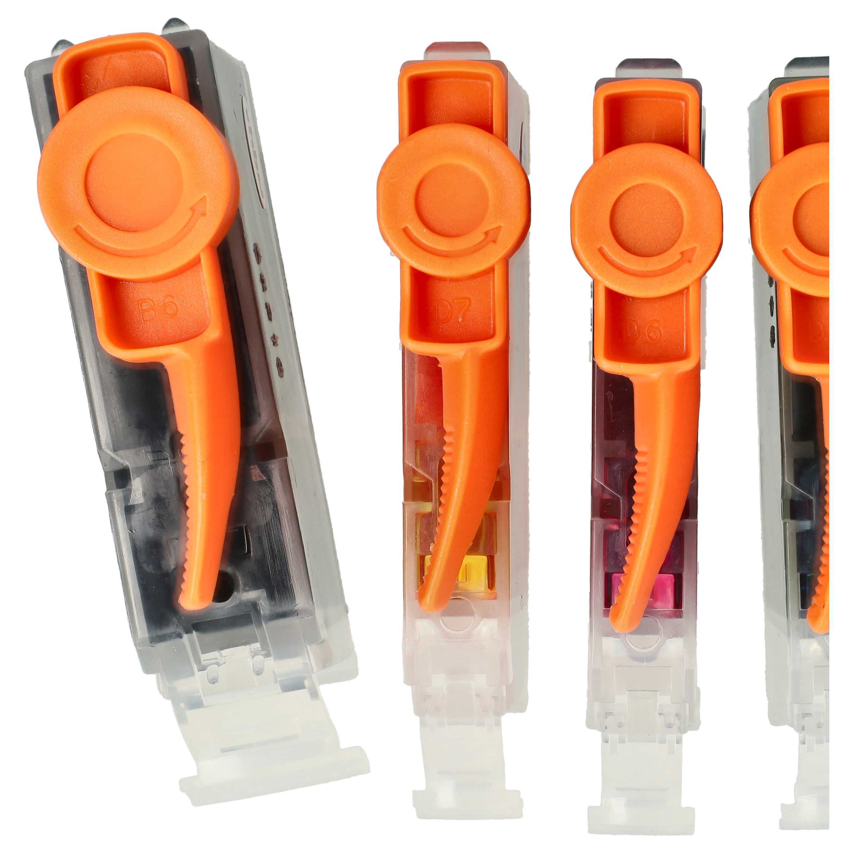 Vier Tintenpatronen mit orangefarbenen Hebeln. Die Patronen sind transparent und zeigen Tintenfarben. Weißer Hintergrund.