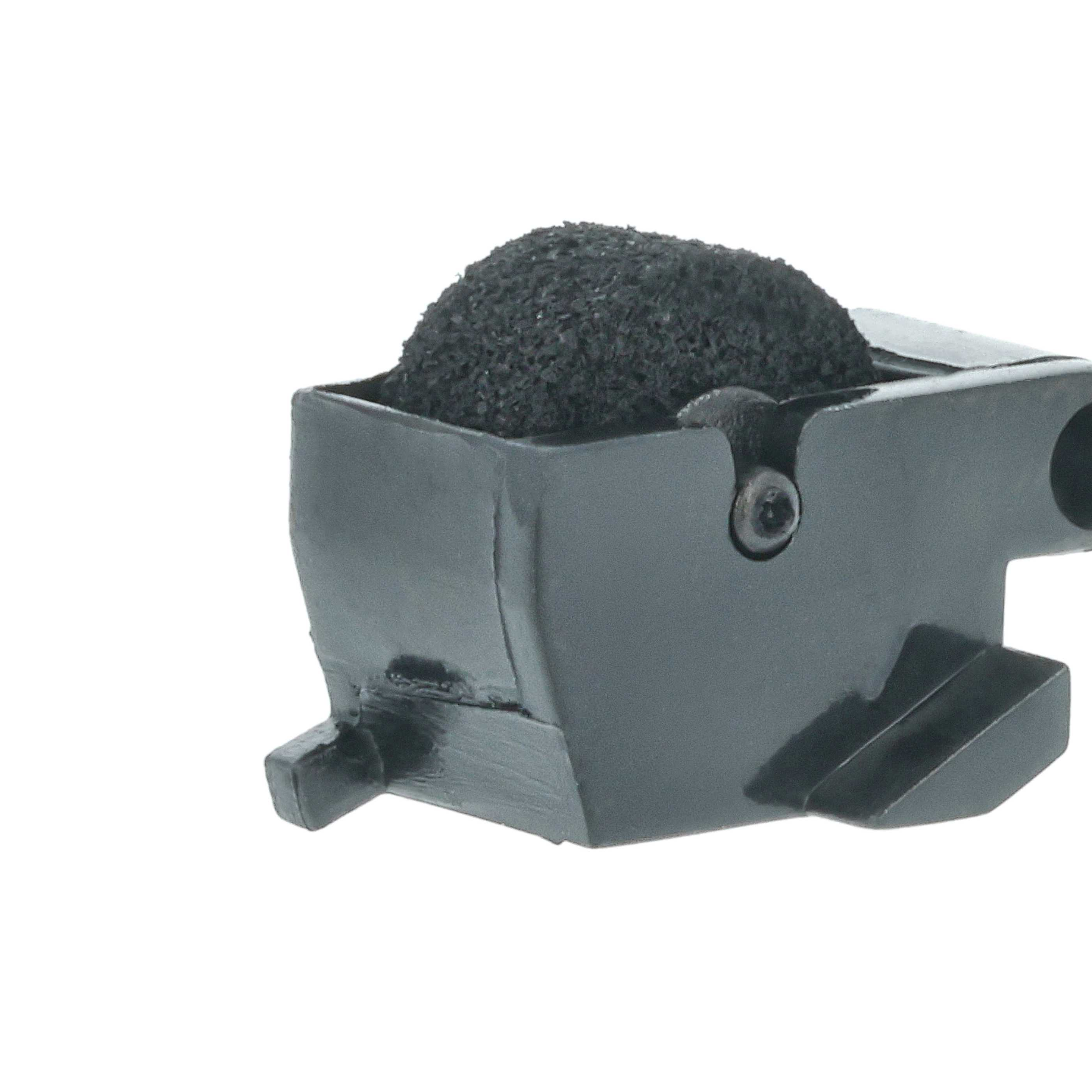 Ein schwarzes Stempelkissen befindet sich auf einem schwarzen Metallgerät mit einer Schraube und einer kleinen Verlängerung.