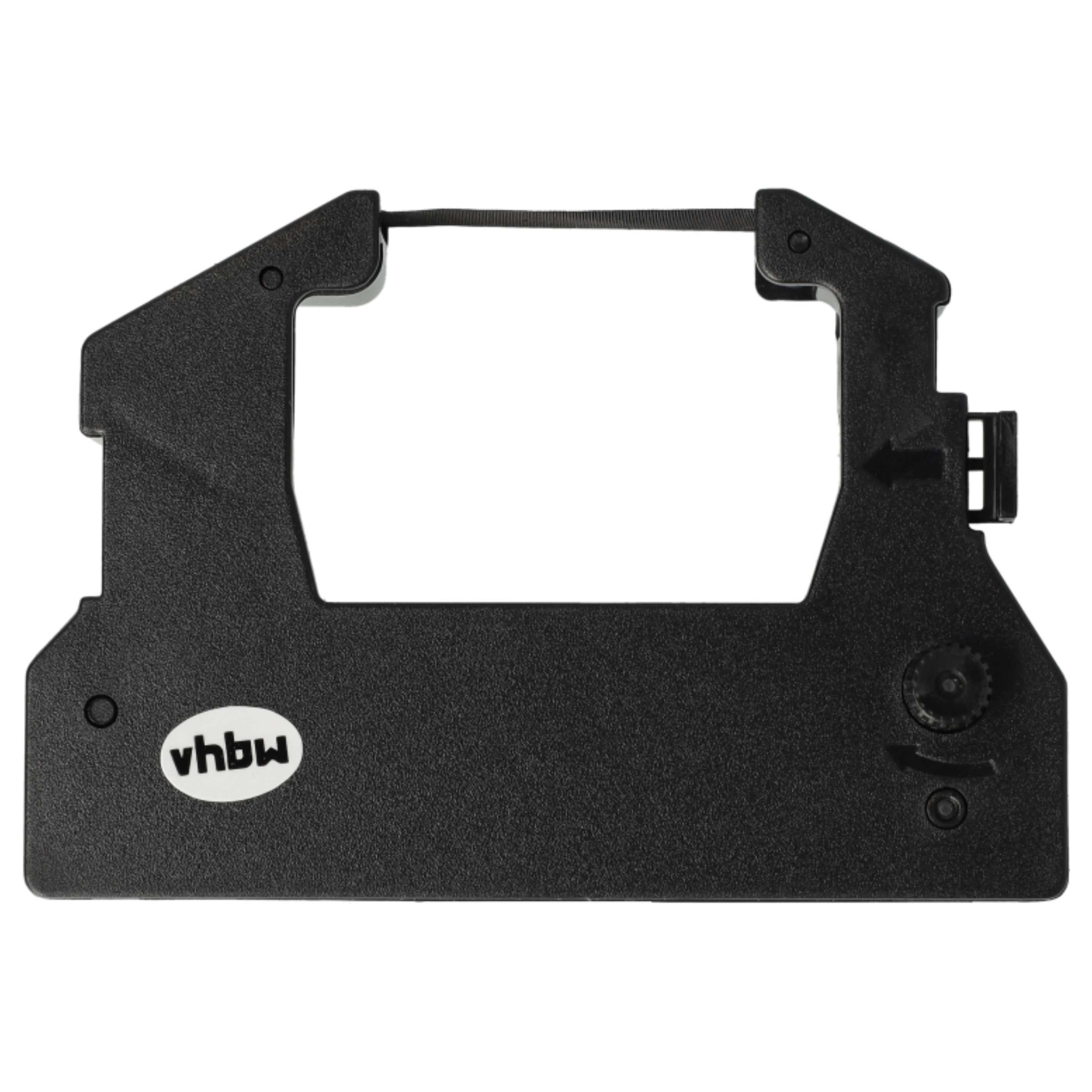 Eine schwarze Druckerbandkassette. Sie hat ein weißes Oval mit 'vhbw'. Rechts befinden sich ein Rad und ein Pfeil.