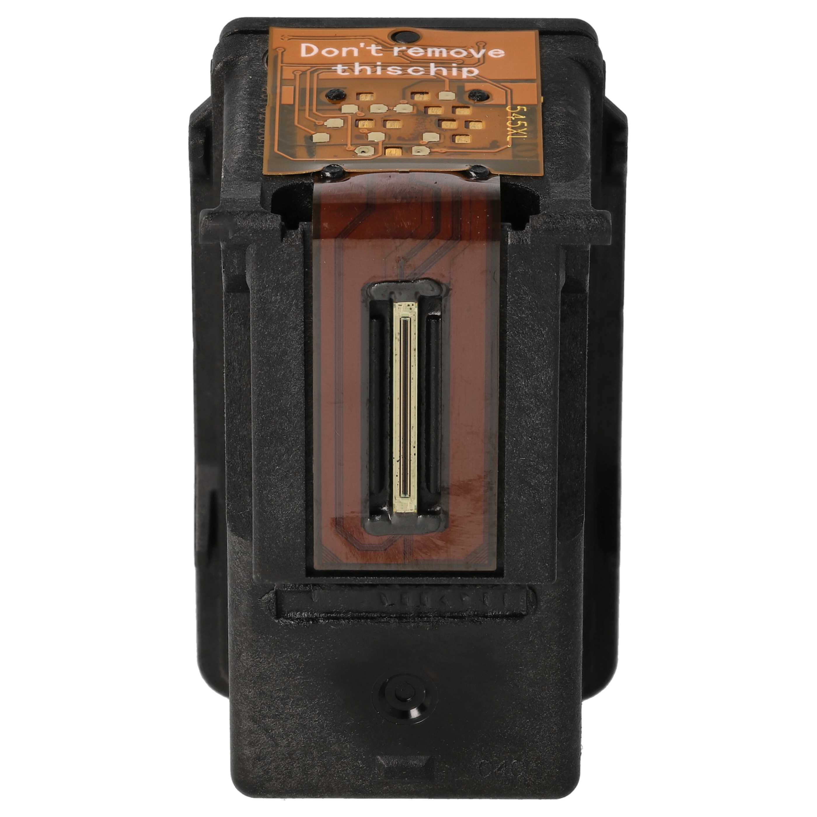Eine Tintenpatrone mit einem braunen Chip mit der Aufschrift 'Don't remove this chip'. Die Patrone ist schwarz.