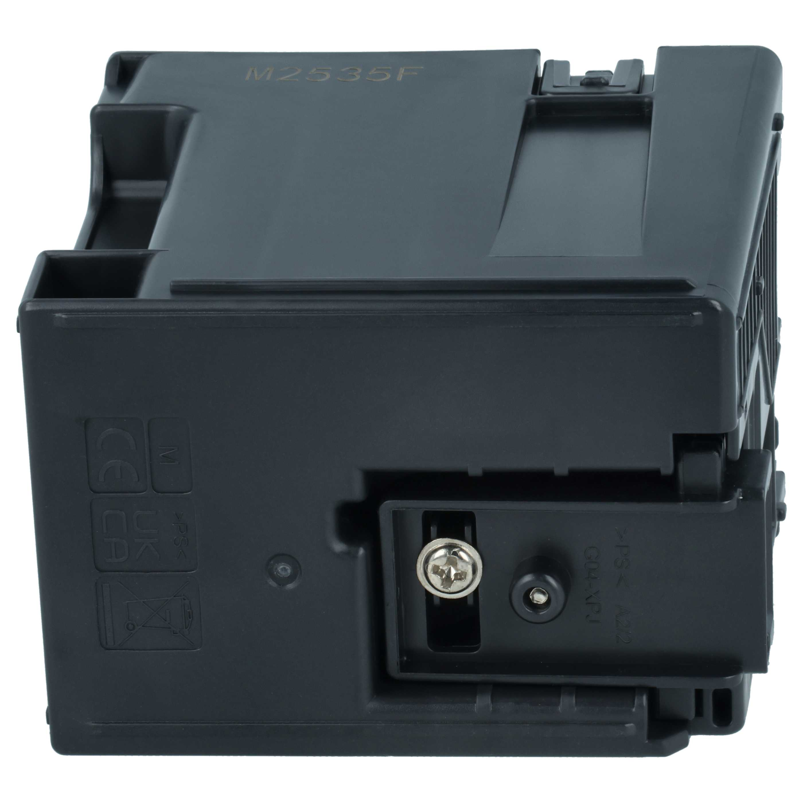 Ein schwarzes elektronisches Bauteil, möglicherweise ein Druckerteil, mit verschiedenen Markierungen und einer Schraube.