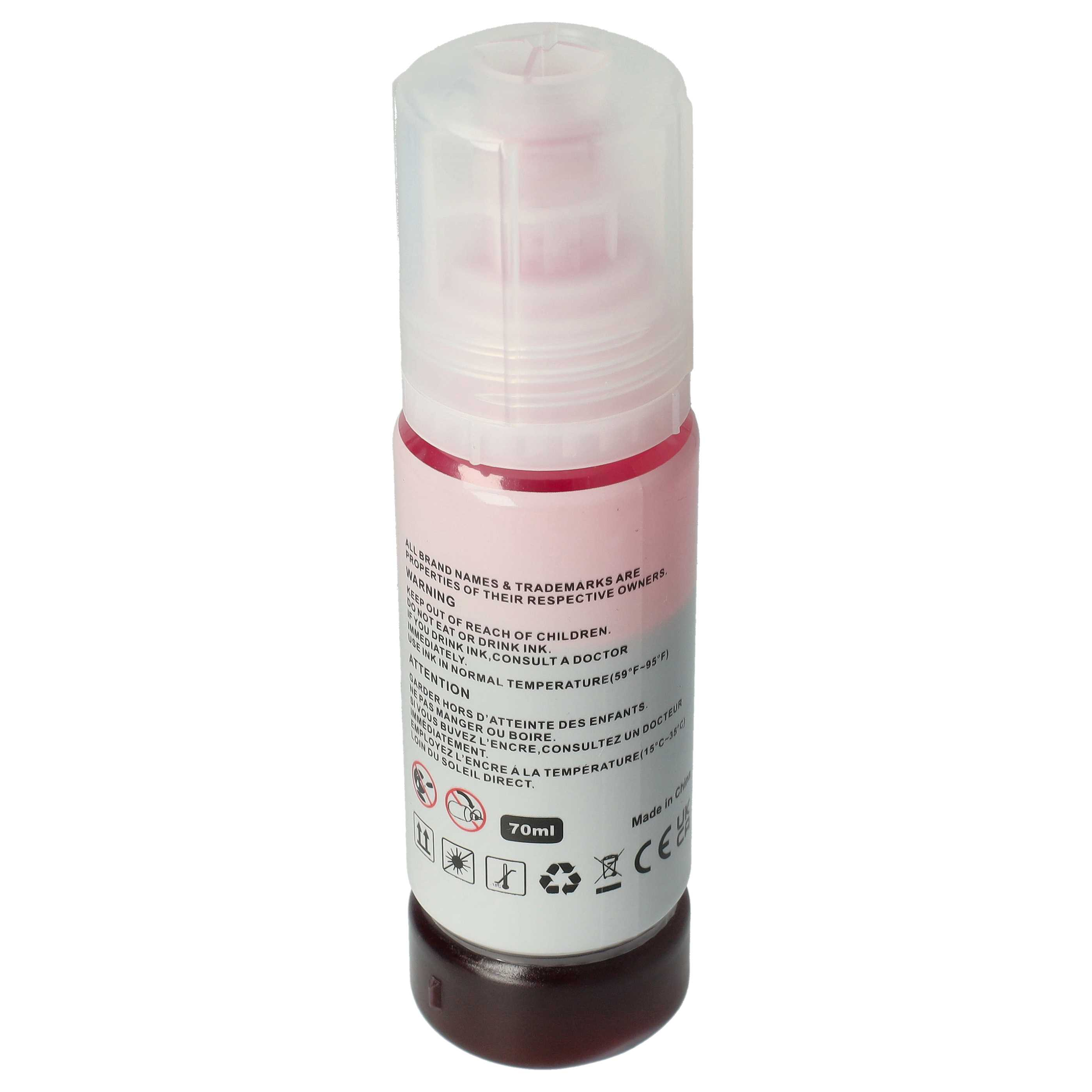 Eine rosa Tintenflasche mit durchsichtigem Deckel, Warnhinweisen und einem dunkelbraunen Sockel, vor weißem Hintergrund.
