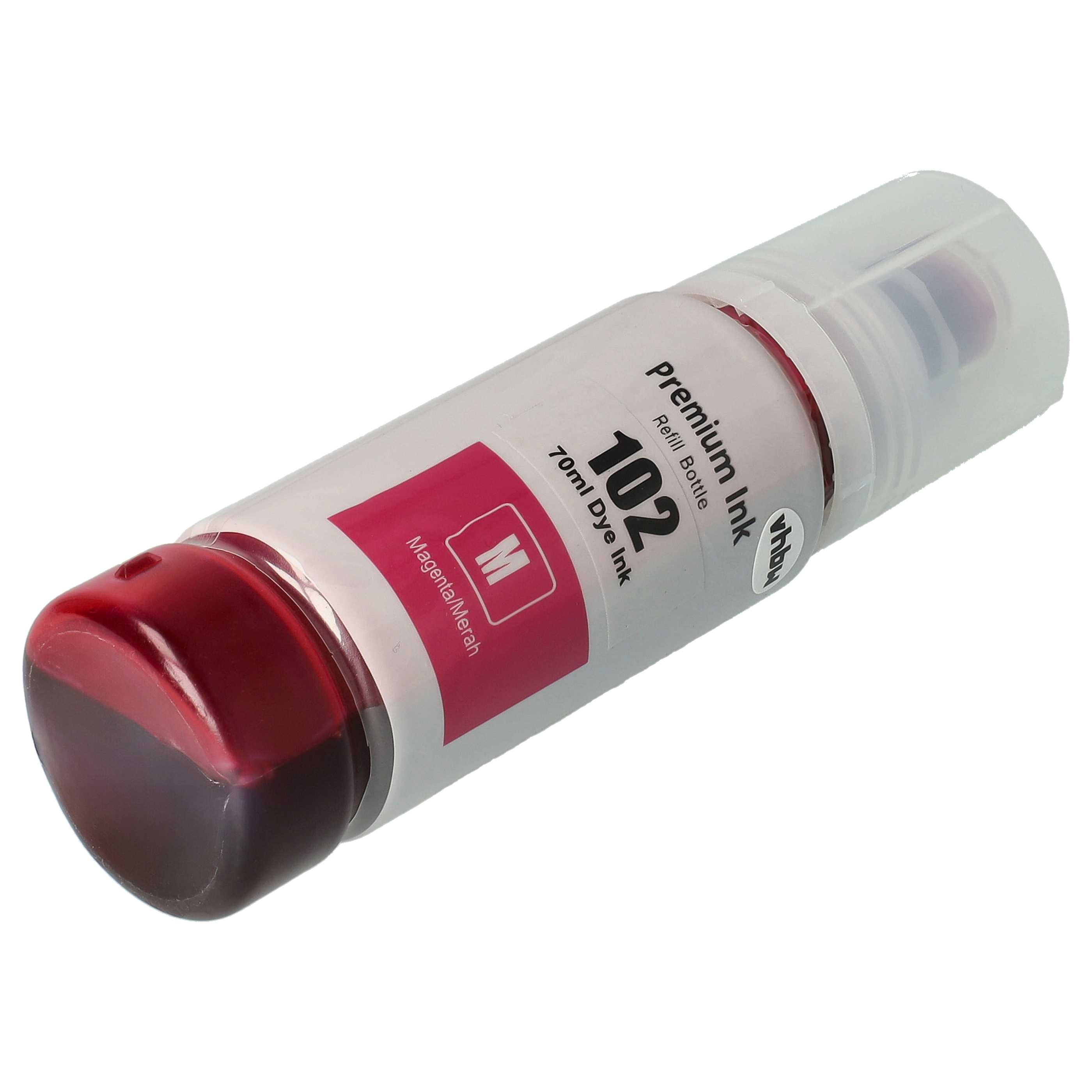 Eine Flasche magentafarbener Tinte, beschriftet mit '102 70ml Dye Ink' mit einem durchsichtigen Deckel. Die Tinte ist tiefmagenta.