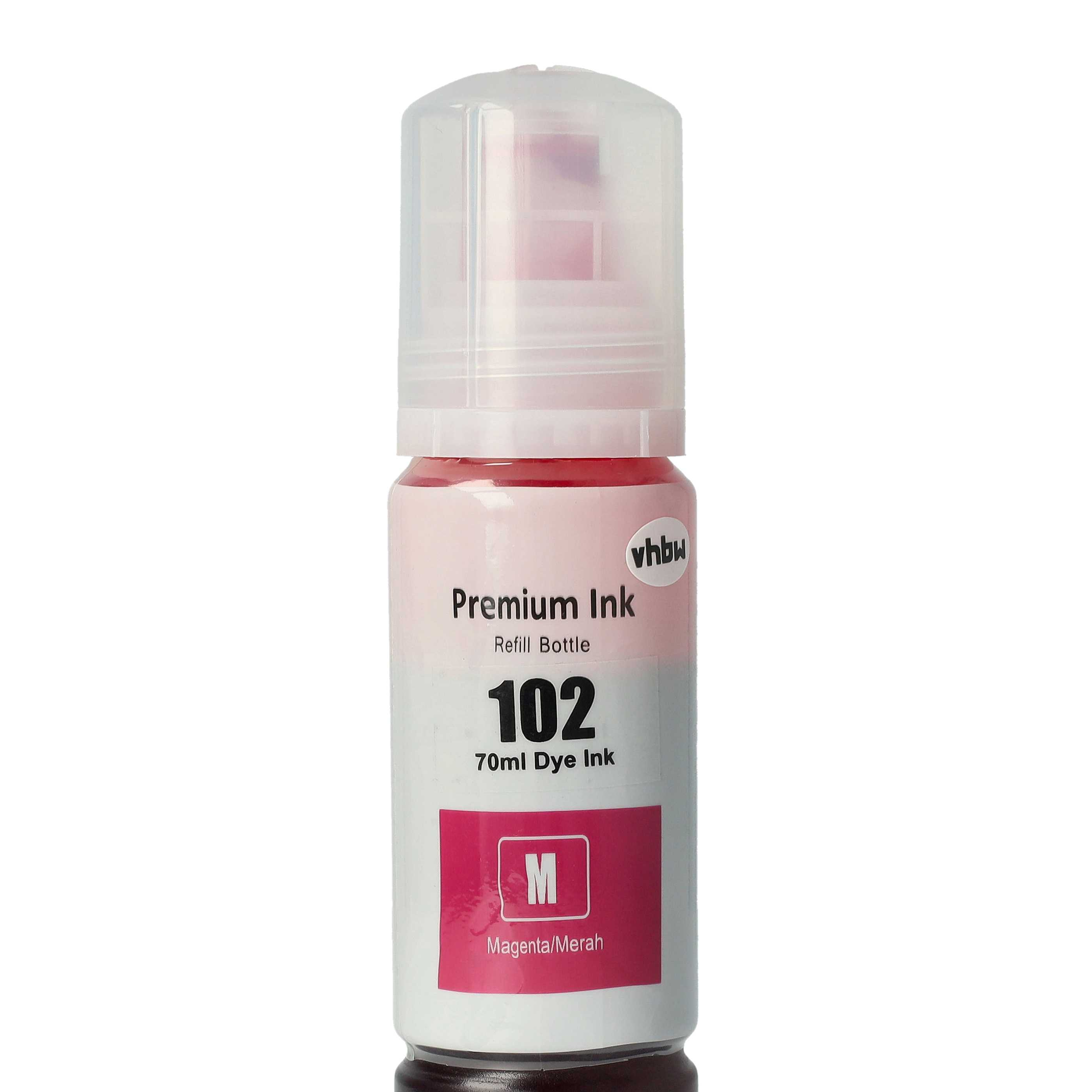 Magentatinte-Flasche, durchsichtiger Deckel. Text auf dem Etikett: Premium Ink, Refill Bottle, 102, 70ml Dye Ink, mit Magenta-Farbindikator.