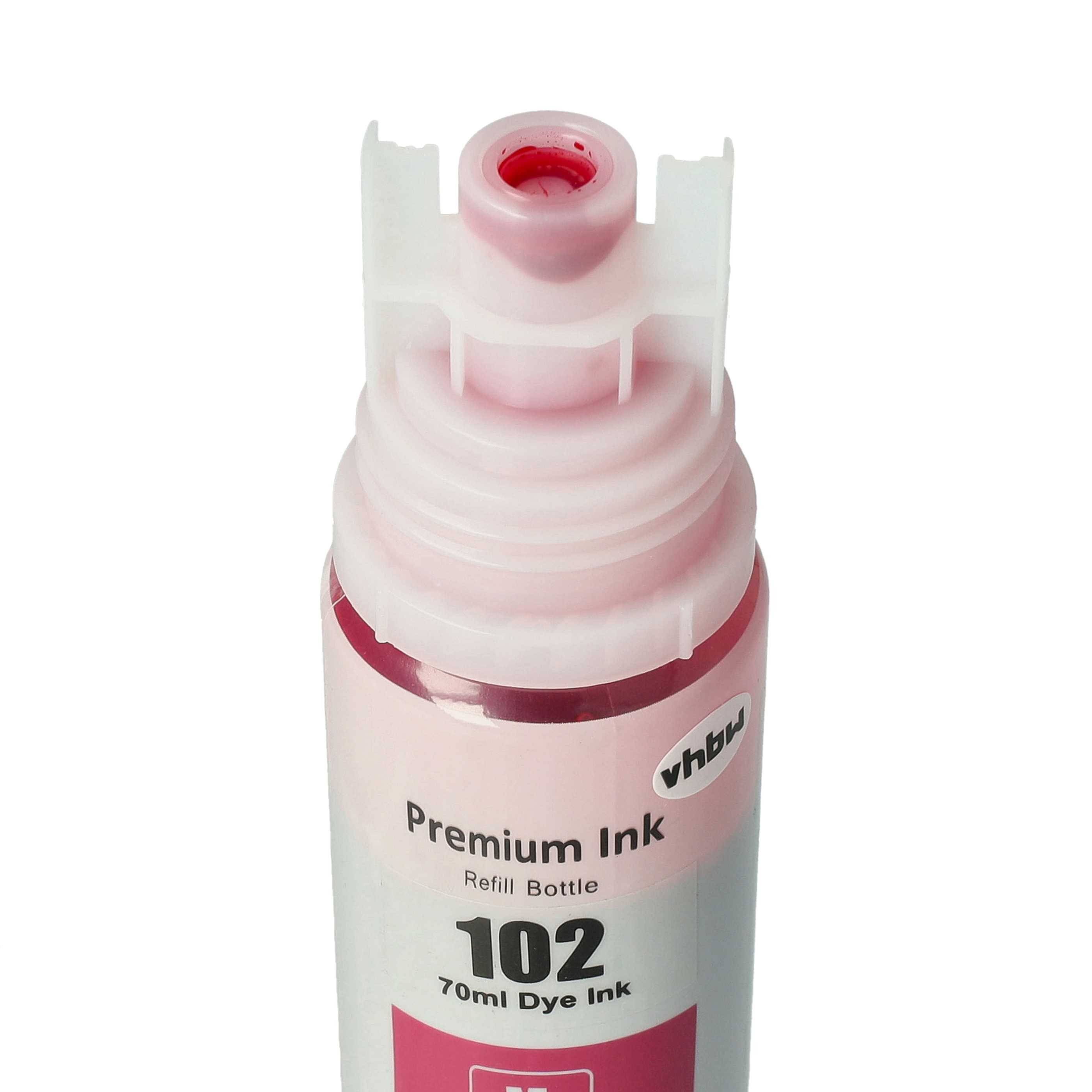Eine Flasche rosa Tinte mit weißen Akzenten. Auf dem Etikett steht 'Premium Ink 102' und hat einen weißen Deckel.