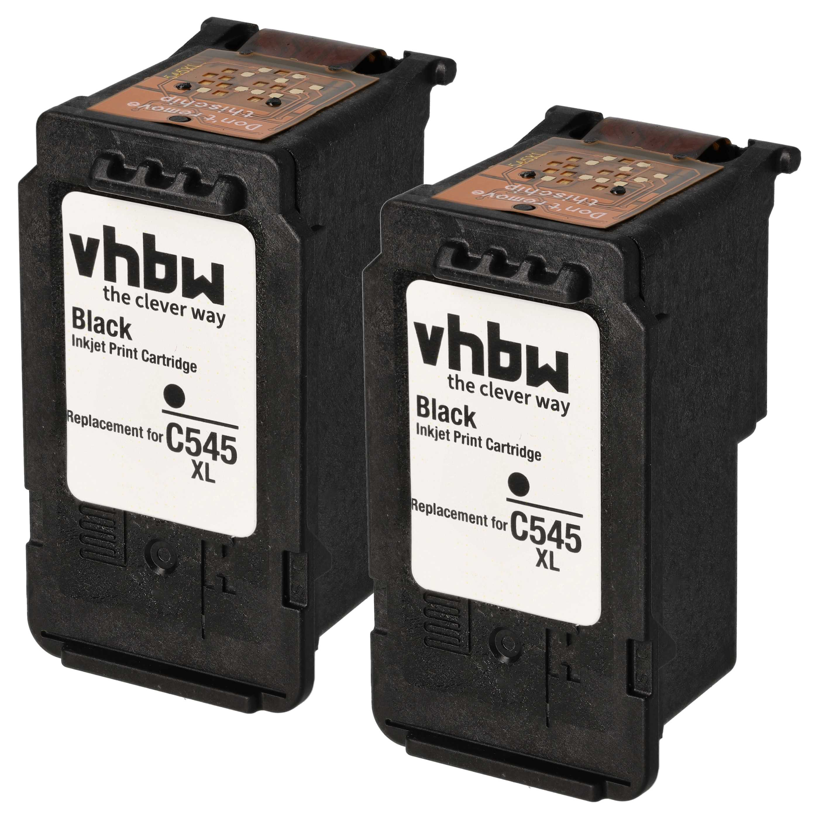 Zwei schwarze Tintenpatronen werden angezeigt. Jede hat ein weißes Etikett mit schwarzem Text. Die Patronen sind mit 'vhbw' beschriftet.