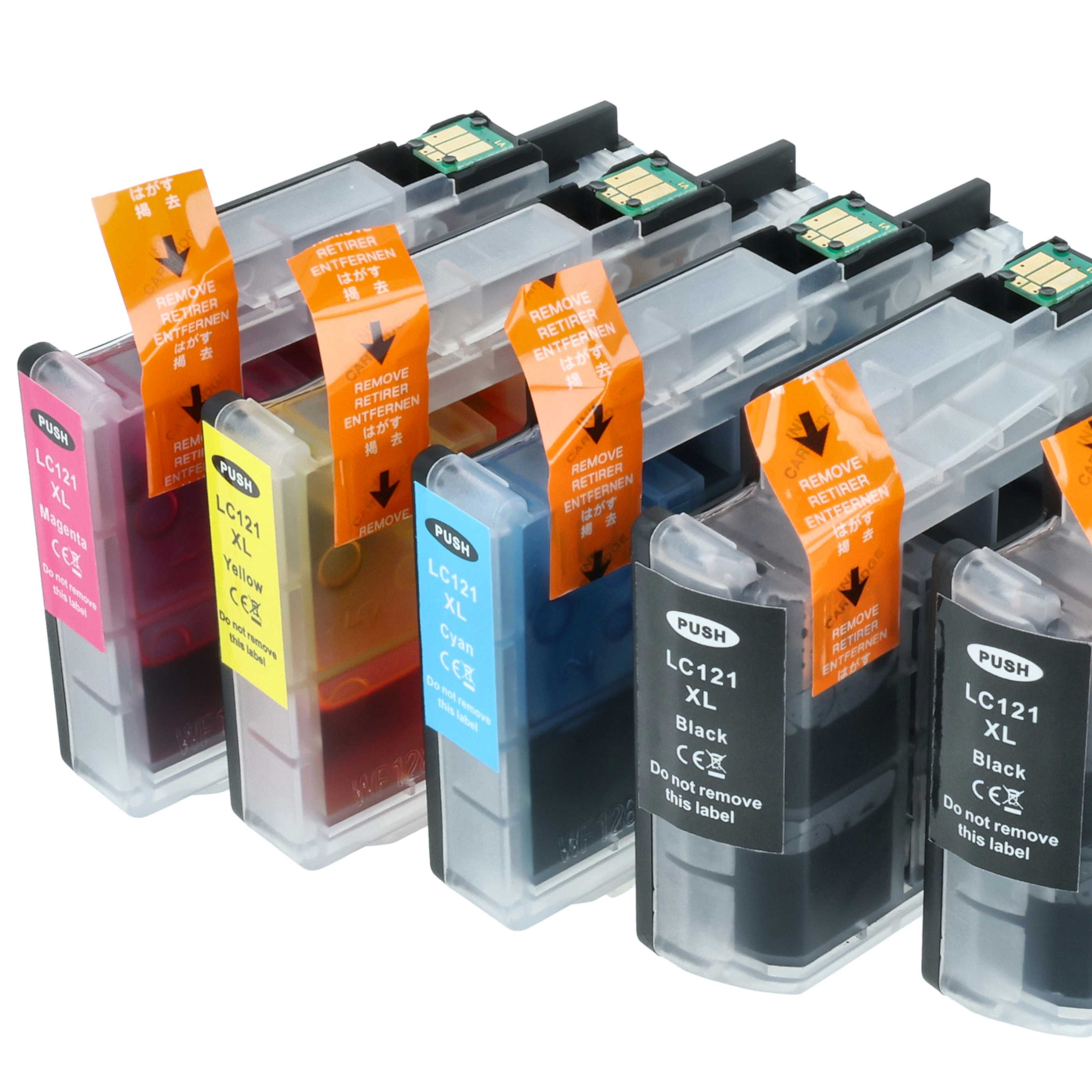 Tintenpatronen, mit Etiketten in verschiedenen Sprachen, sind in einer Reihe angeordnet. Farben sind Magenta, Gelb, Cyan und Schwarz.