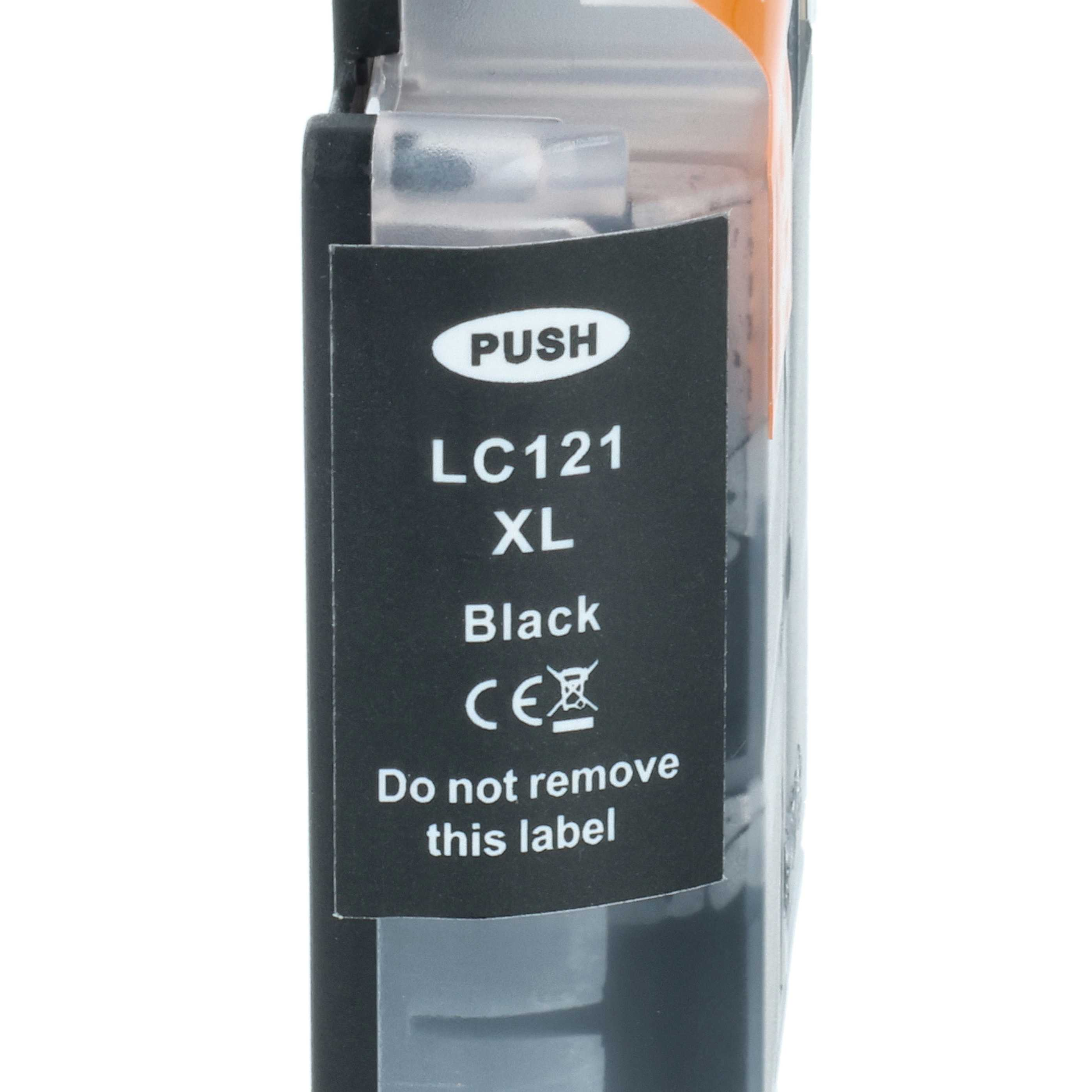 Nahaufnahme einer schwarzen Tintenpatrone mit weißem Text. Es steht 'PUSH', 'LC121 XL Black' und 'Do not remove this label'.