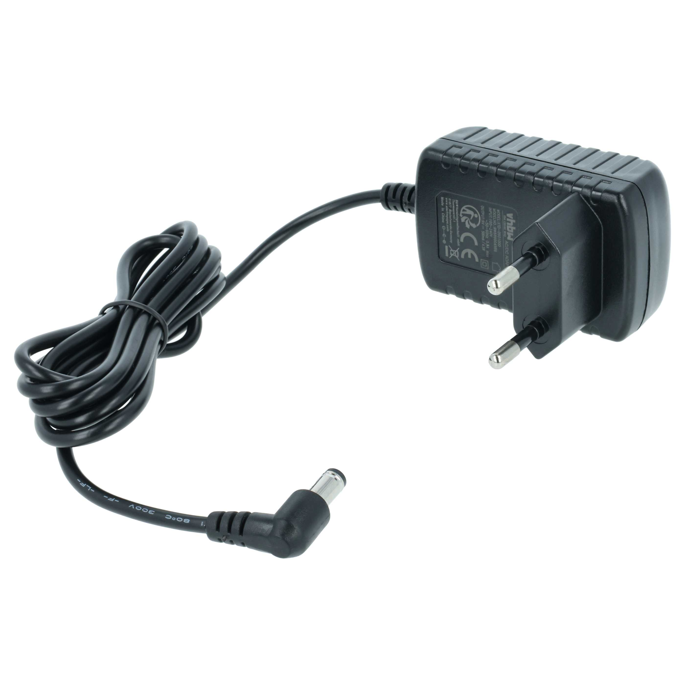 Ein schwarzes Netzteil mit Eurostecker, gewickeltem Kabel und DC-Anschluss auf weißem Hintergrund.