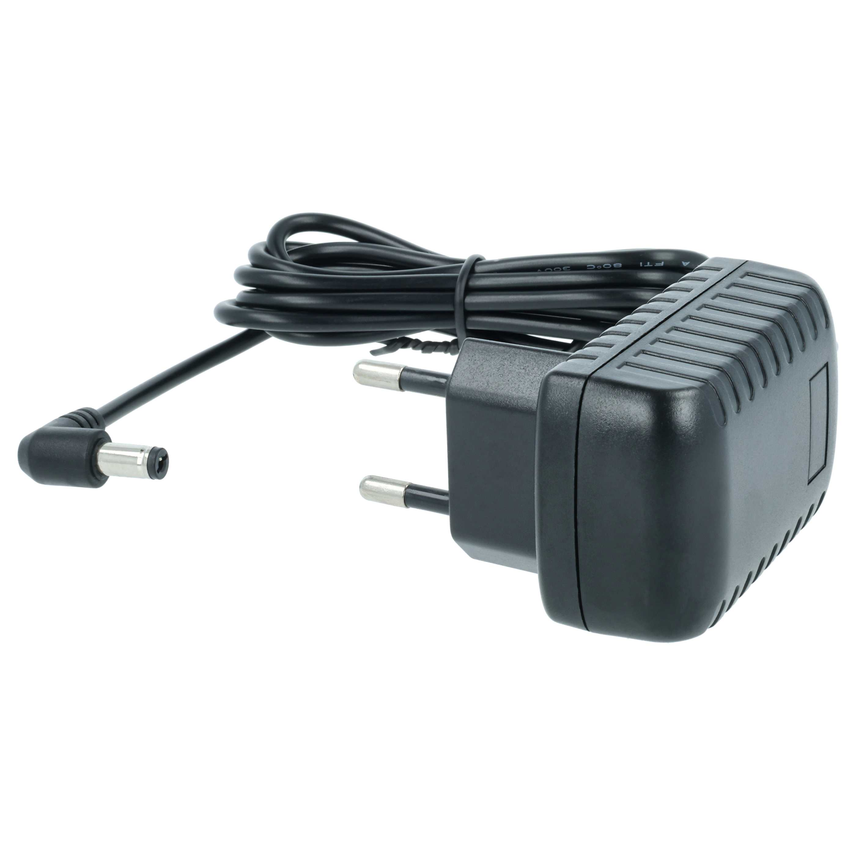 Schwarzes Netzteil mit Kabel und DC-Anschluss. Der Stecker hat zwei Stifte.