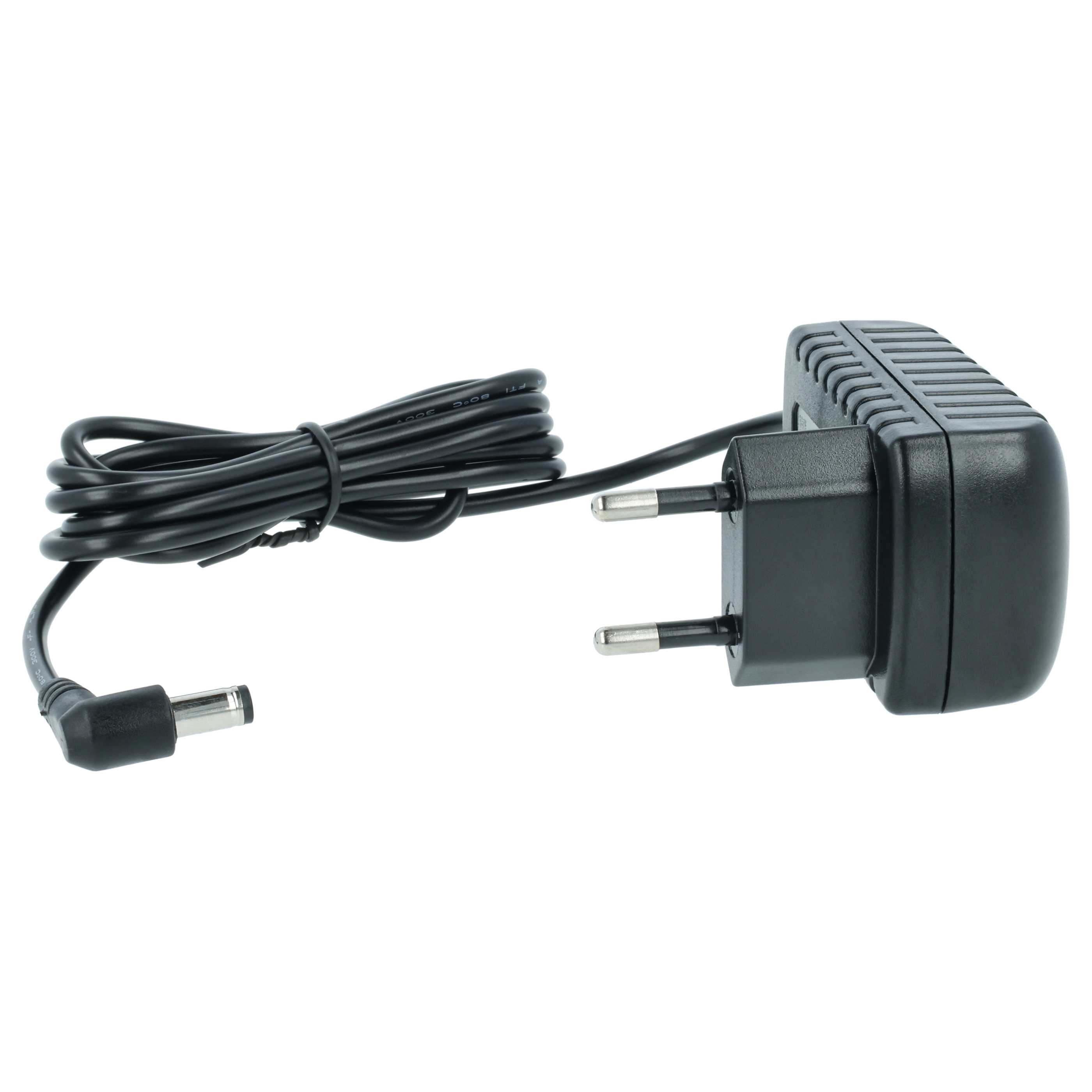 Schwarzes Netzteil mit schwarzem Kabel und DC-Stecker. Es hat zwei Stifte für die Steckdose.