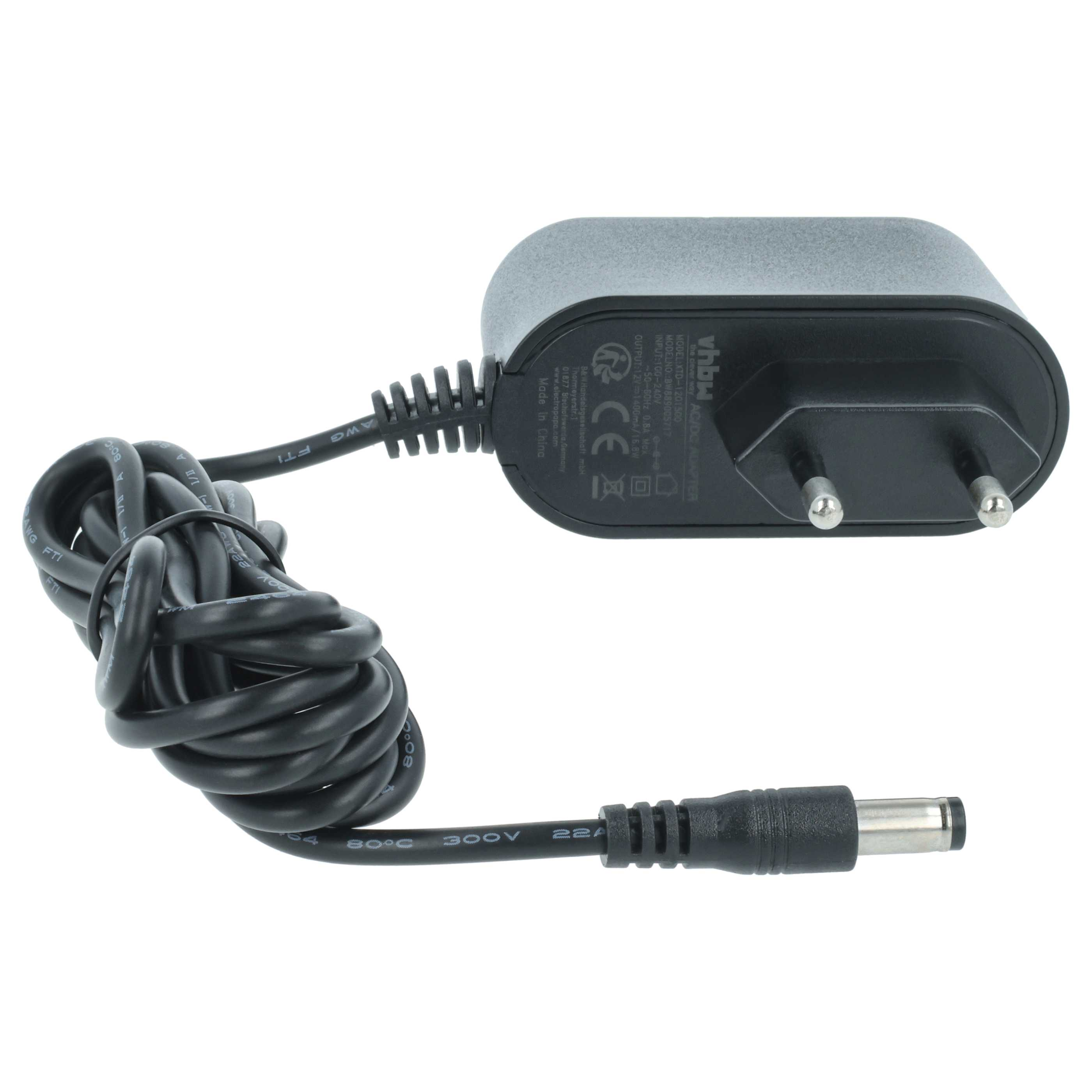 Schwarzes AC/DC-Netzteil mit schwarzem Kabel. Adapter hat zwei Stifte und einen Stecker am Kabelende.