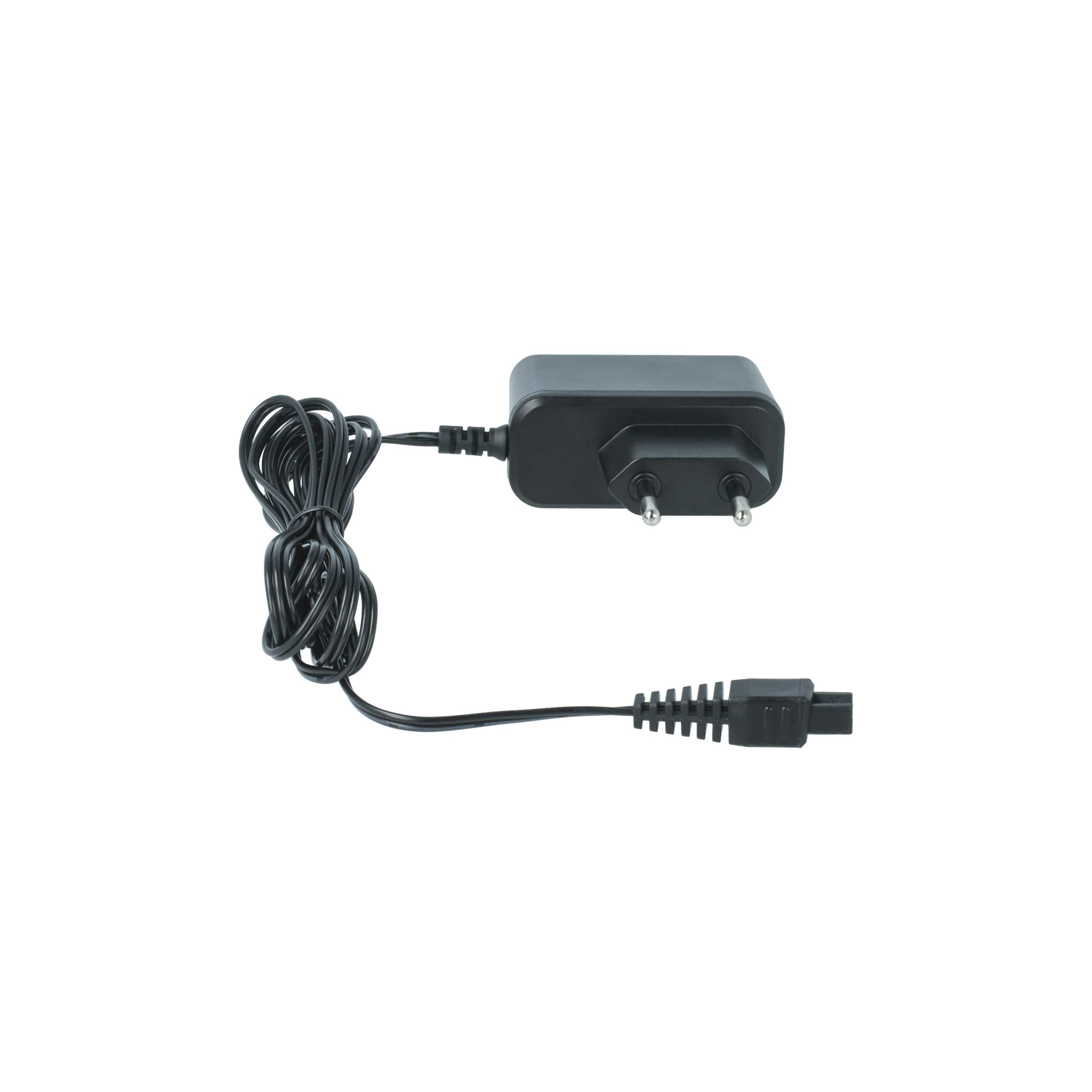 Ein schwarzes Ladegerät mit Kabel auf weißem Hintergrund. Das Ladegerät hat zwei Stifte und einen Stecker.