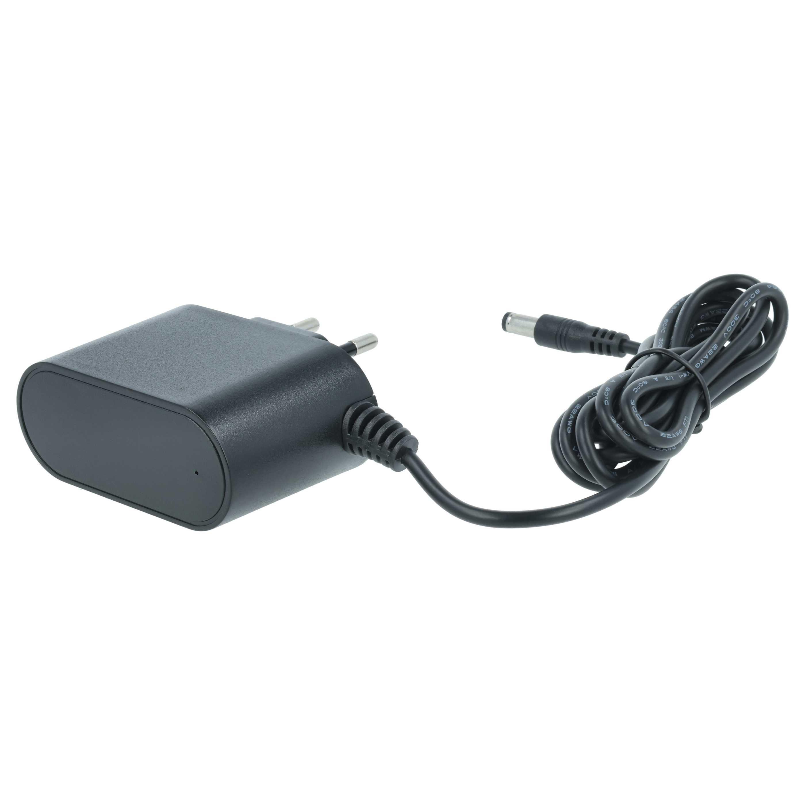 Ein schwarzes Netzteil mit Stecker und Kabel. Das Kabel ist mit einem Gleichstromanschluss verbunden.