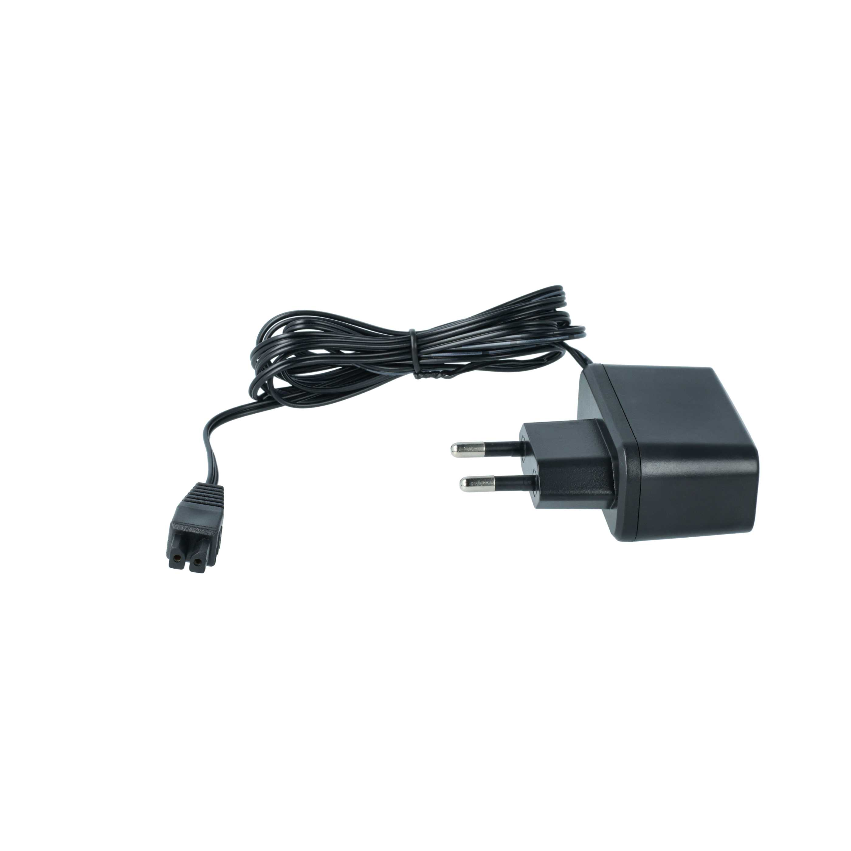 Ein schwarzes Netzteil mit Kabel auf weißem Hintergrund. Der Adapter hat zwei Stifte.