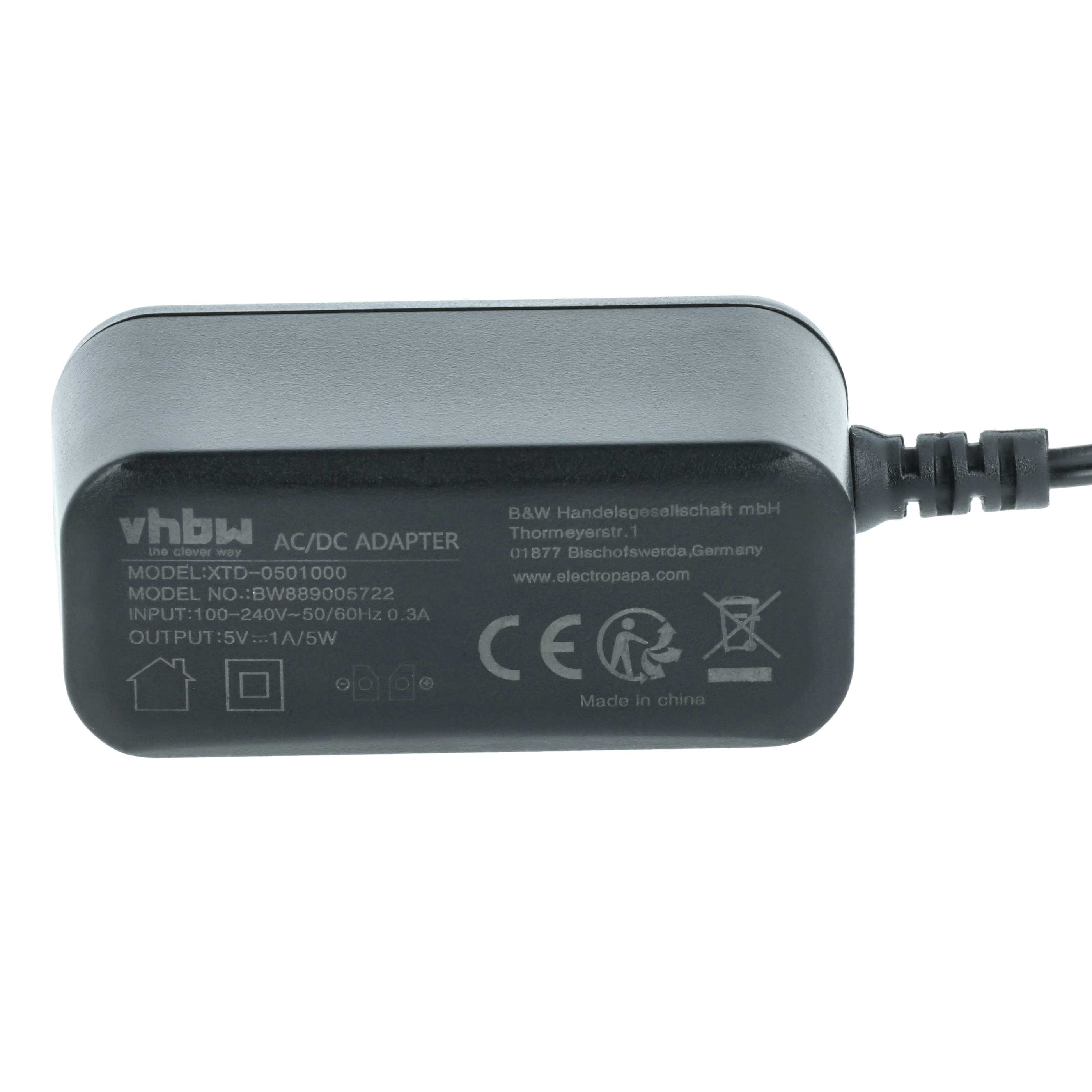 Schwarzer AC/DC-Adapter mit weißem Text, einschließlich Marke, Modell, Eingangs-/Ausgangsdetails und Sicherheitszeichen. Hergestellt in China.