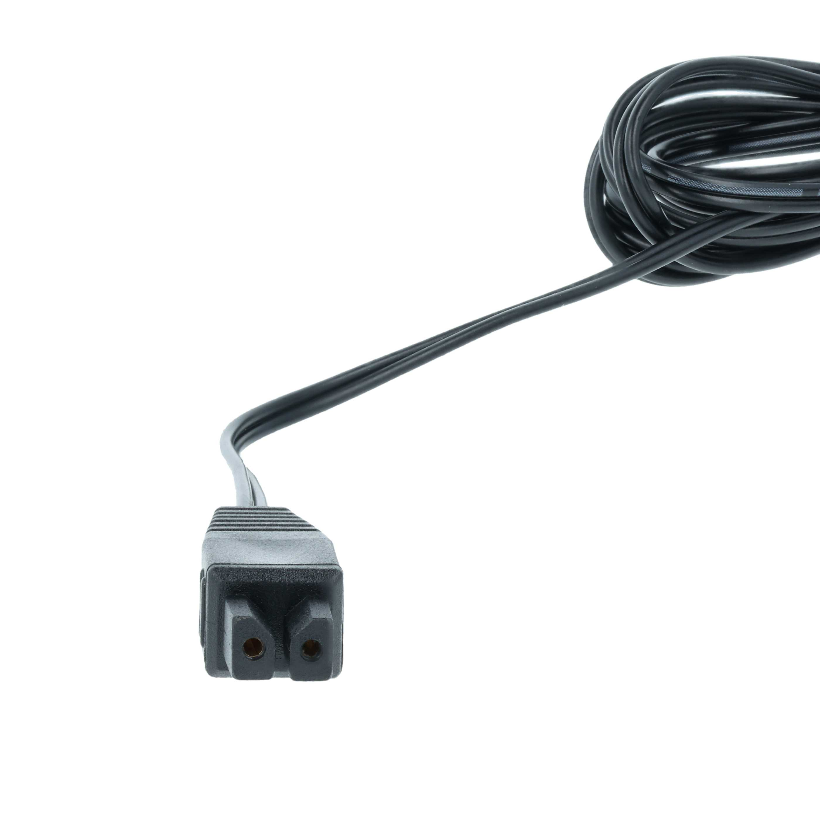 Ein schwarzes Netzkabel mit einem Zweipolstecker und einem gewickelten Abschnitt auf weißem Grund.