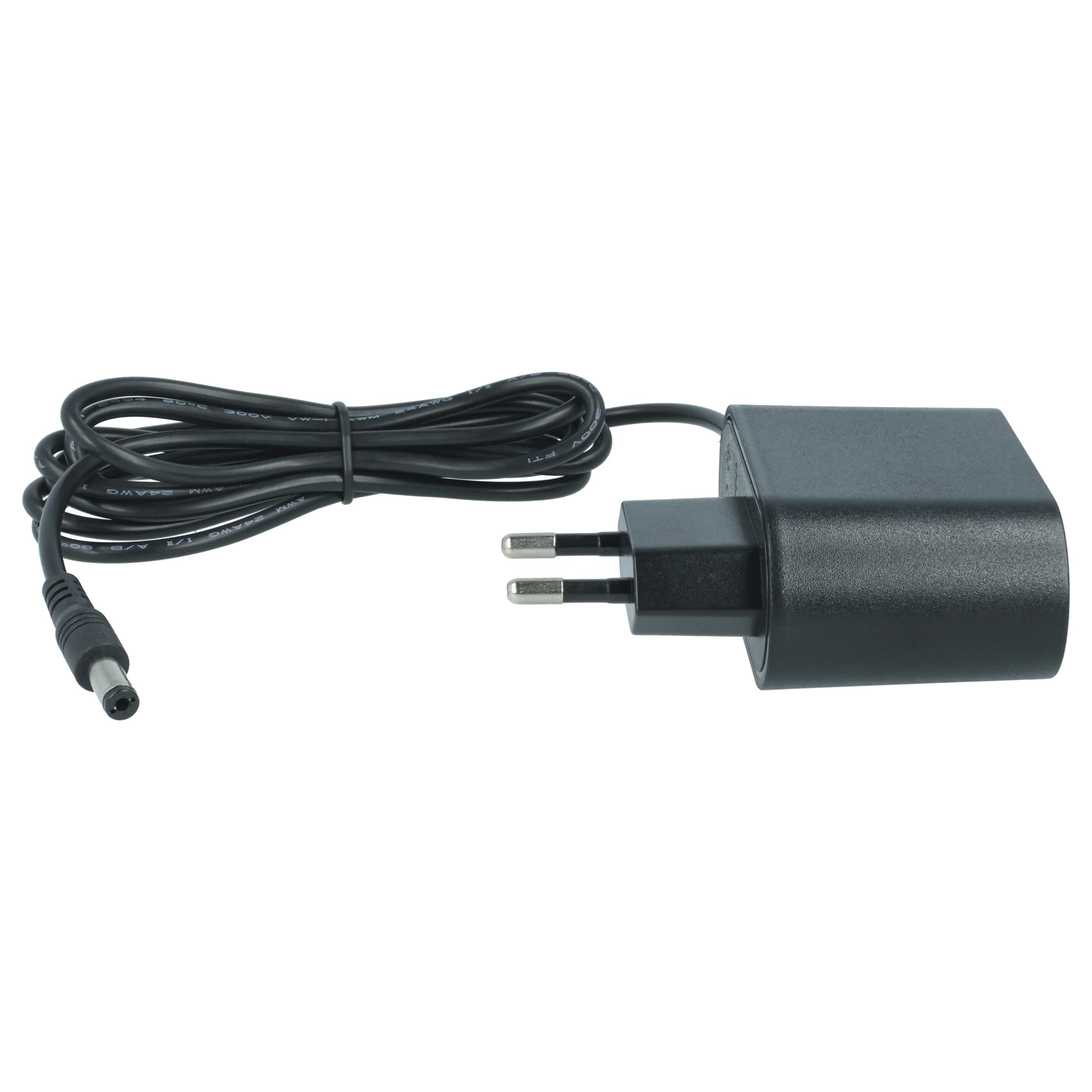 Schwarzes Netzteil mit Kabel und DC-Anschluss. Der Stecker hat zwei silberne Stifte.
