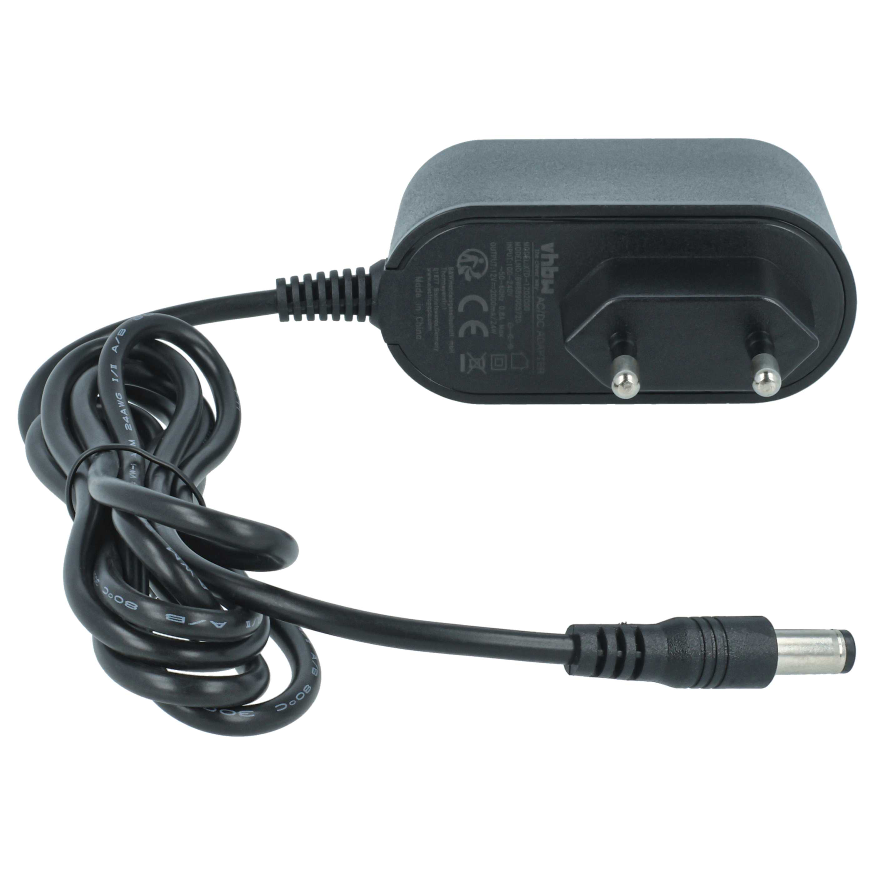 Ein schwarzes Netzteil mit einem schwarzen Kabel auf weißem Hintergrund. Der Adapter hat zwei Stifte und einen DC-Anschluss.