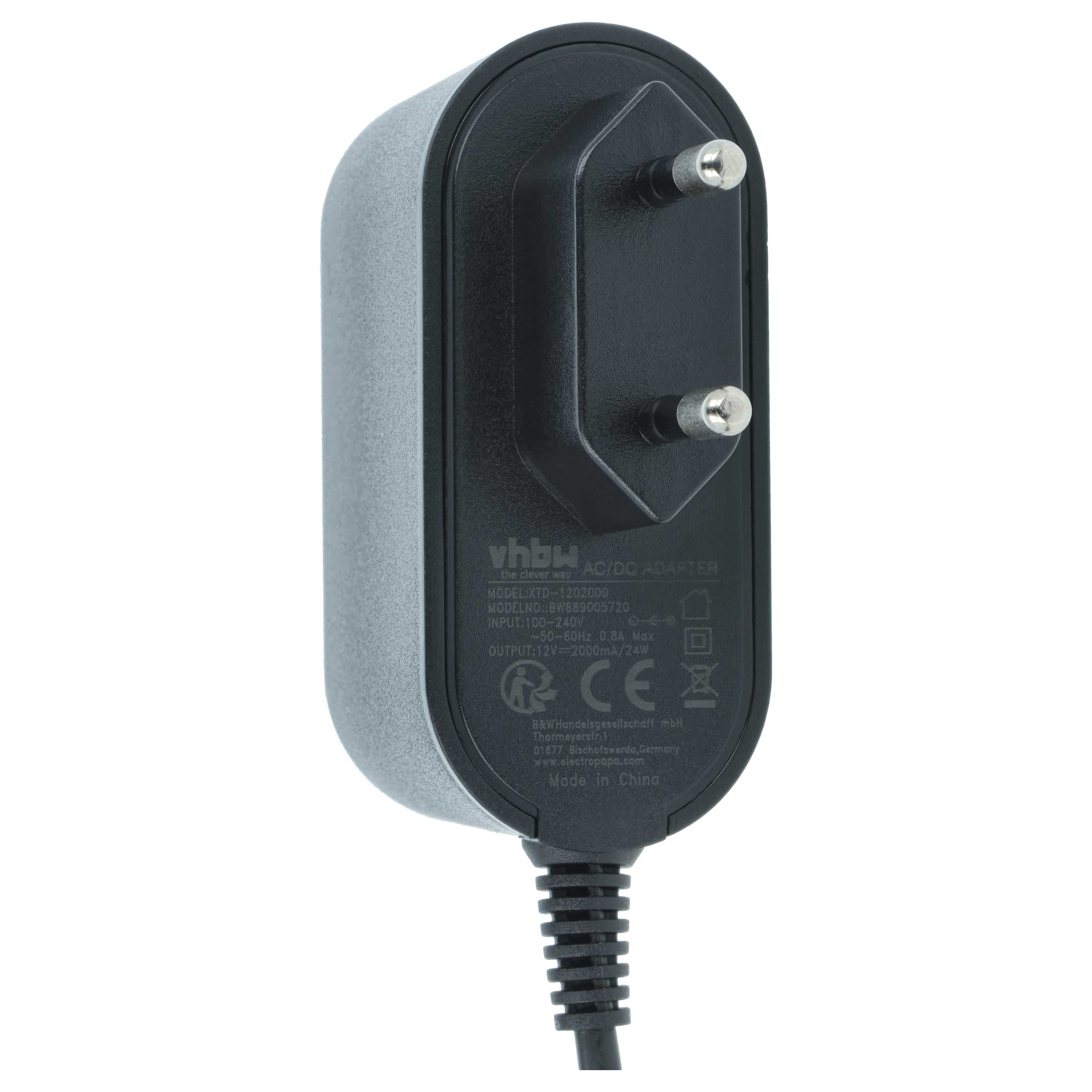 AC/DC-Adapter mit schwarzem Stecker und grauem Gehäuse. Text zeigt Modell und Hersteller. Hergestellt in China.
