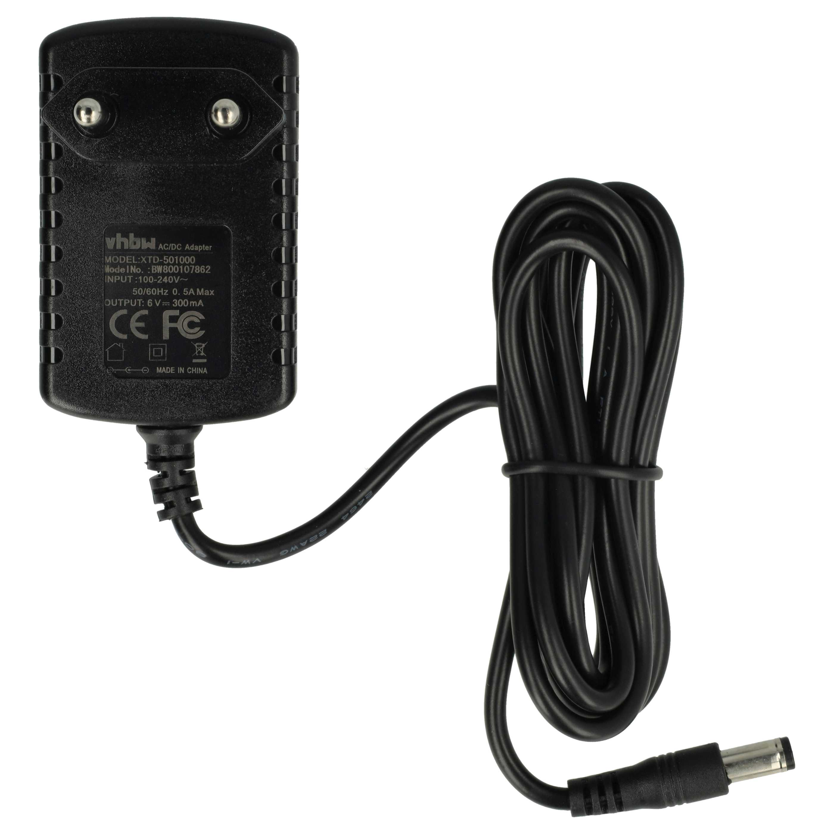 Schwarzes AC/DC-Netzteil mit schwarzem Kabel. Das Netzteil hat einen Stecker und ein Etikett. Das Kabel ist aufgerollt.