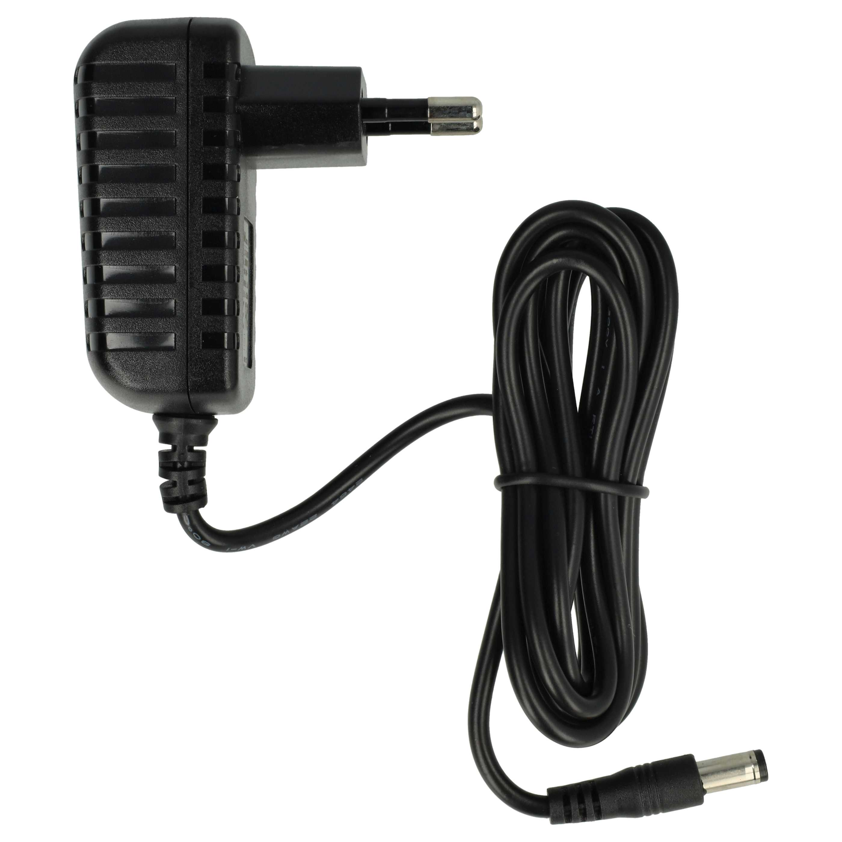 Schwarzes Netzteil mit Stecker und Kabel, das in einem Gleichstromanschluss endet, vor weißem Hintergrund.
