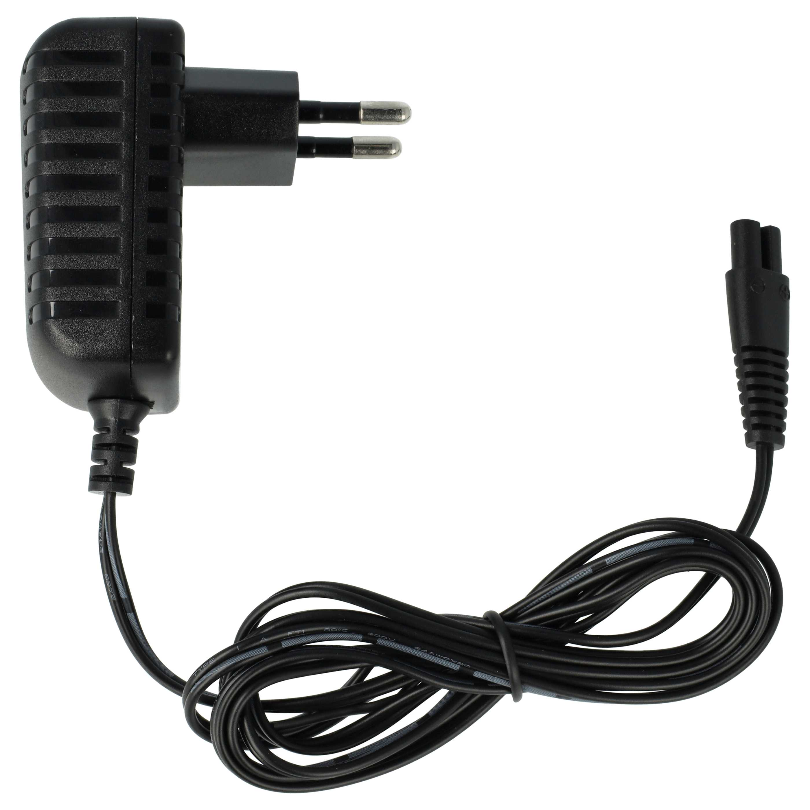 Ein schwarzes Netzteil mit Eurostecker, schwarzem Kabel und Zweizahnstecker, alles vor weißem Hintergrund.