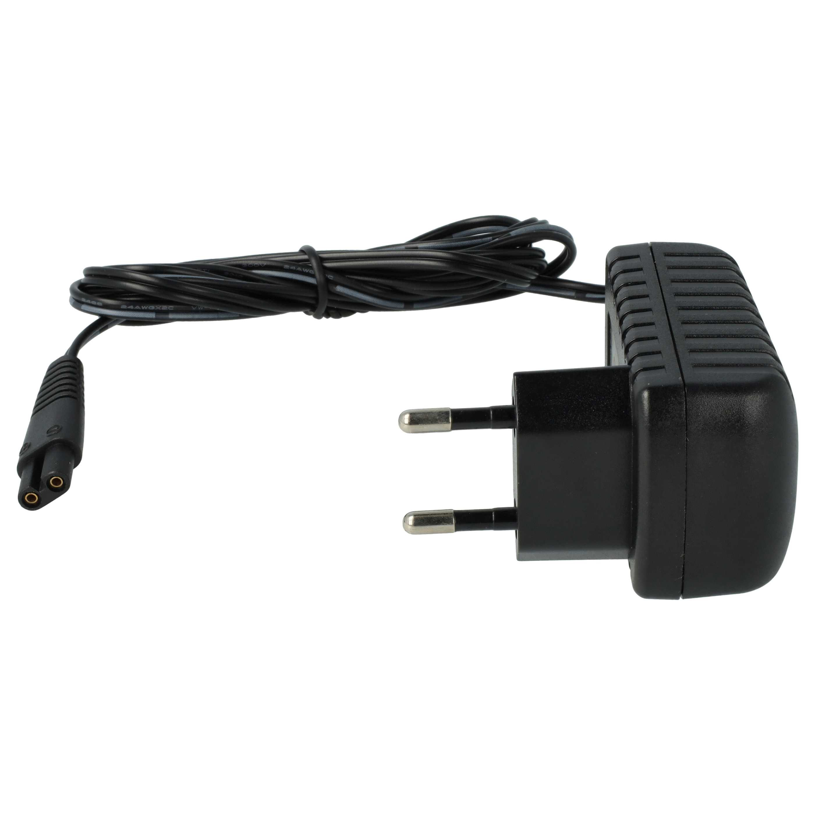 Ein schwarzes Netzteil mit einem Zweipol-Stecker und einem schwarzen Kabel, isoliert auf weißem Hintergrund.